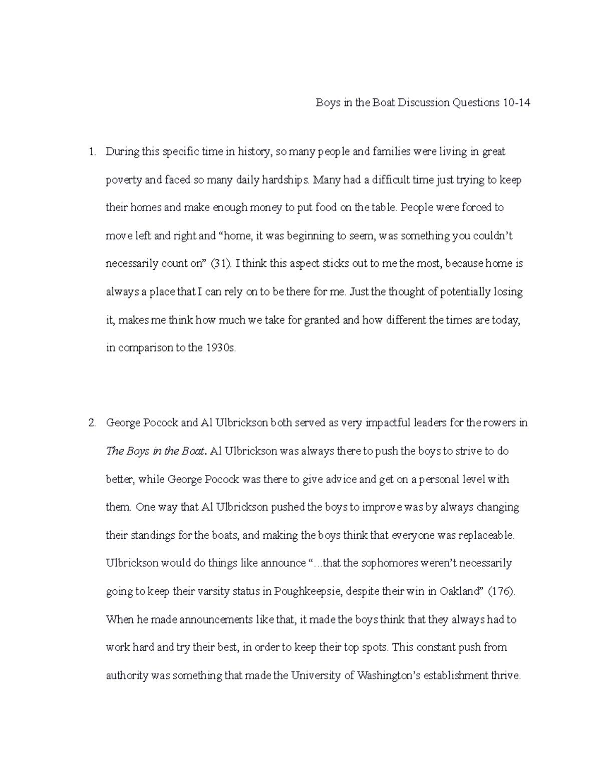 Boys in the Boat 1014 Summaries and discussion questions from chapters 1014 The Boys in