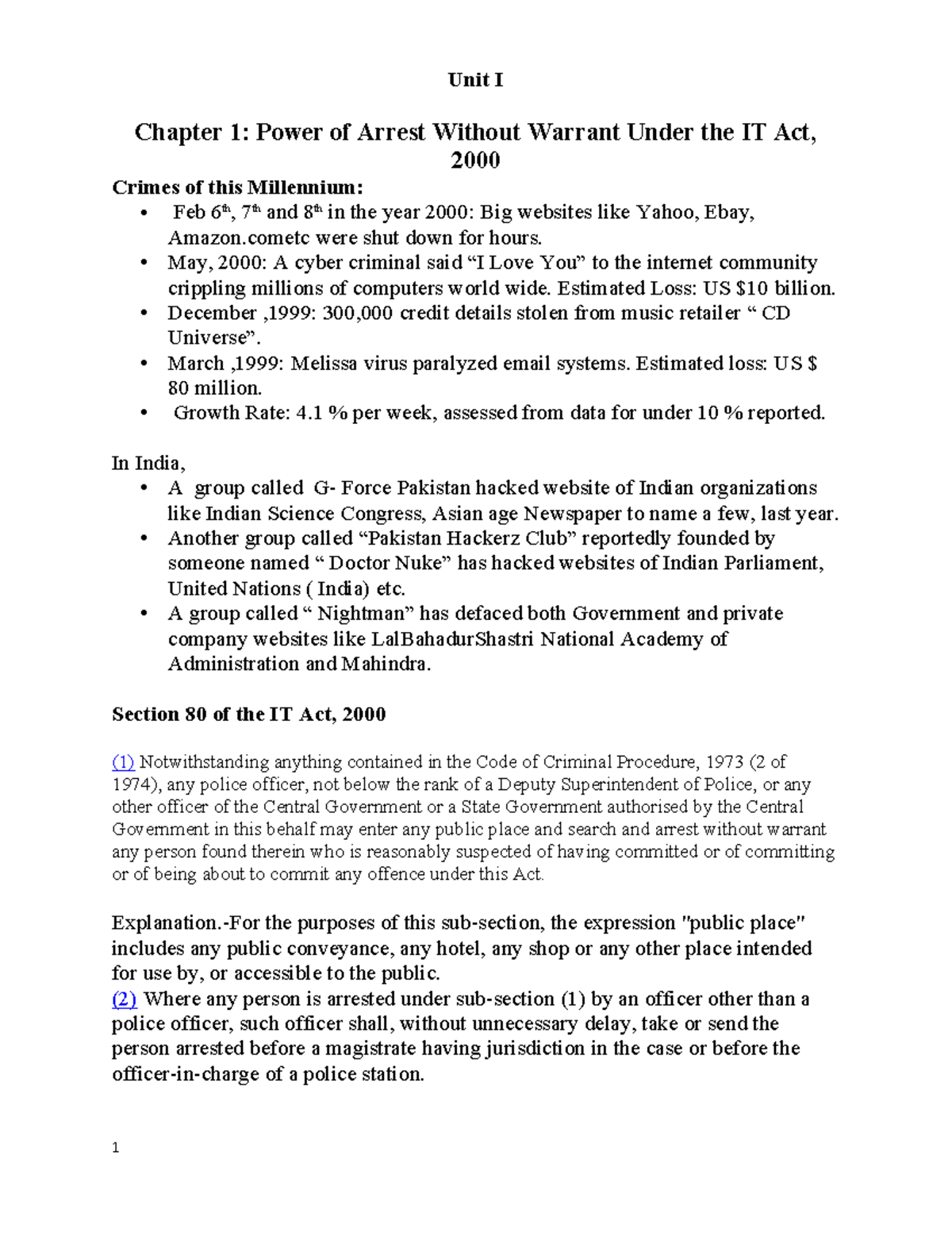 Unit 1 Chp 1 Unit I Chapter 1 Power Of Arrest Without Warrant Under
