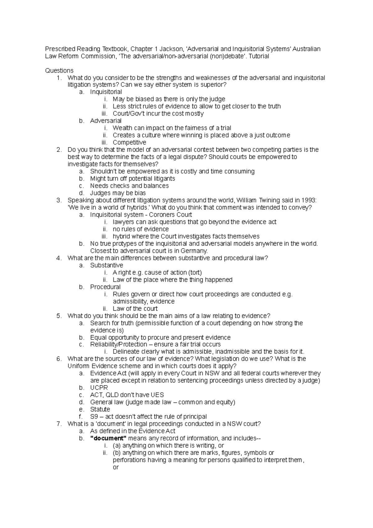 Evidence Tutorial 1 - Tute 1 - Prescribed Reading Textbook, Chapter 1 ...