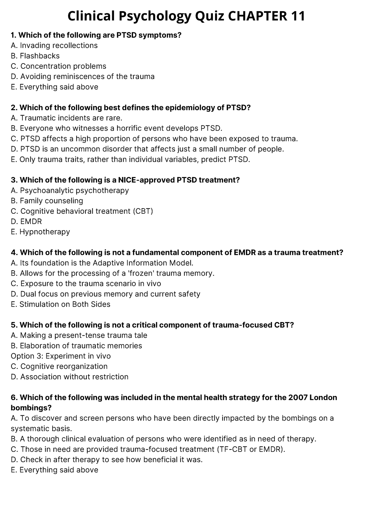 Clinical Psychology Quiz Chapter 11 - Clinical Psychology Quiz CHAPTER ...