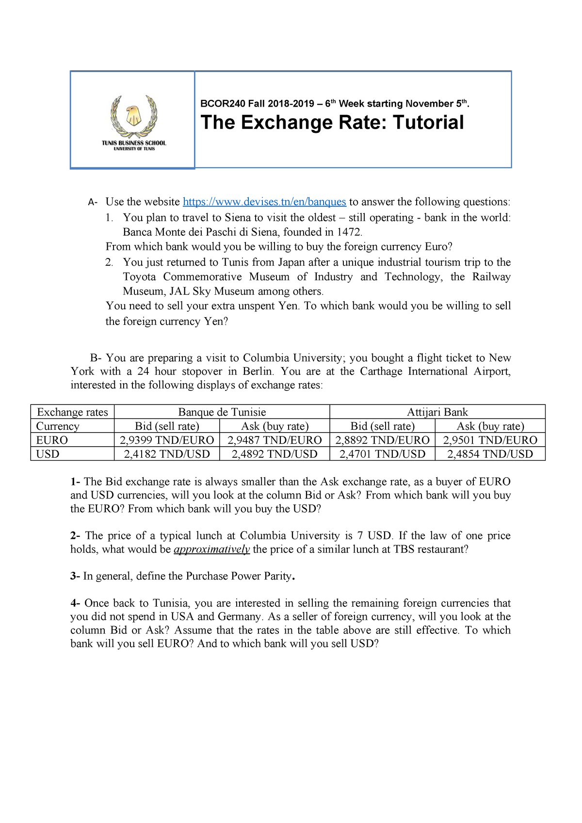 Tutorial The Exchange Rate Bcor 240 Introduction To - 