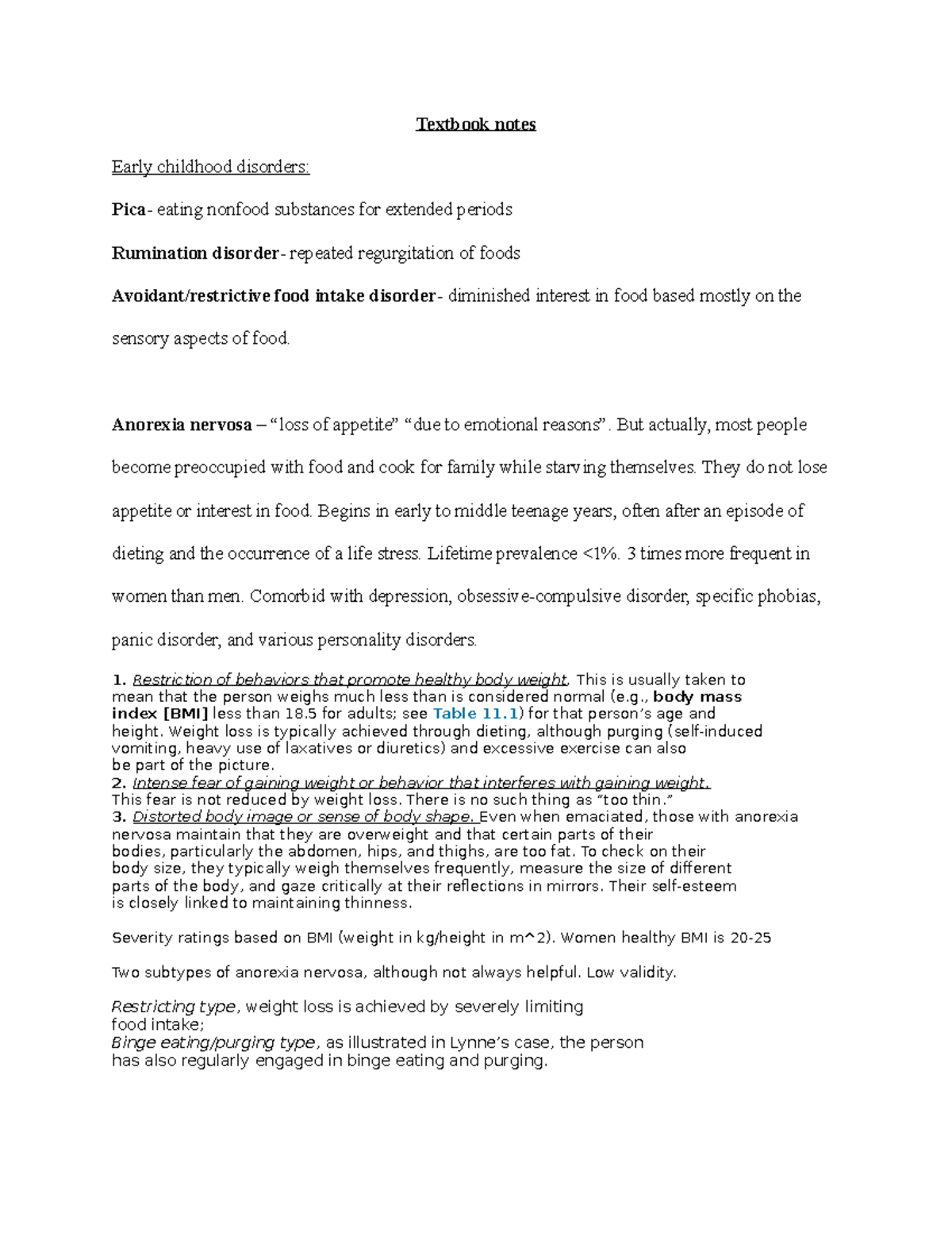 Ch 11 eating disorders - Notes i took during readings and lecture ...
