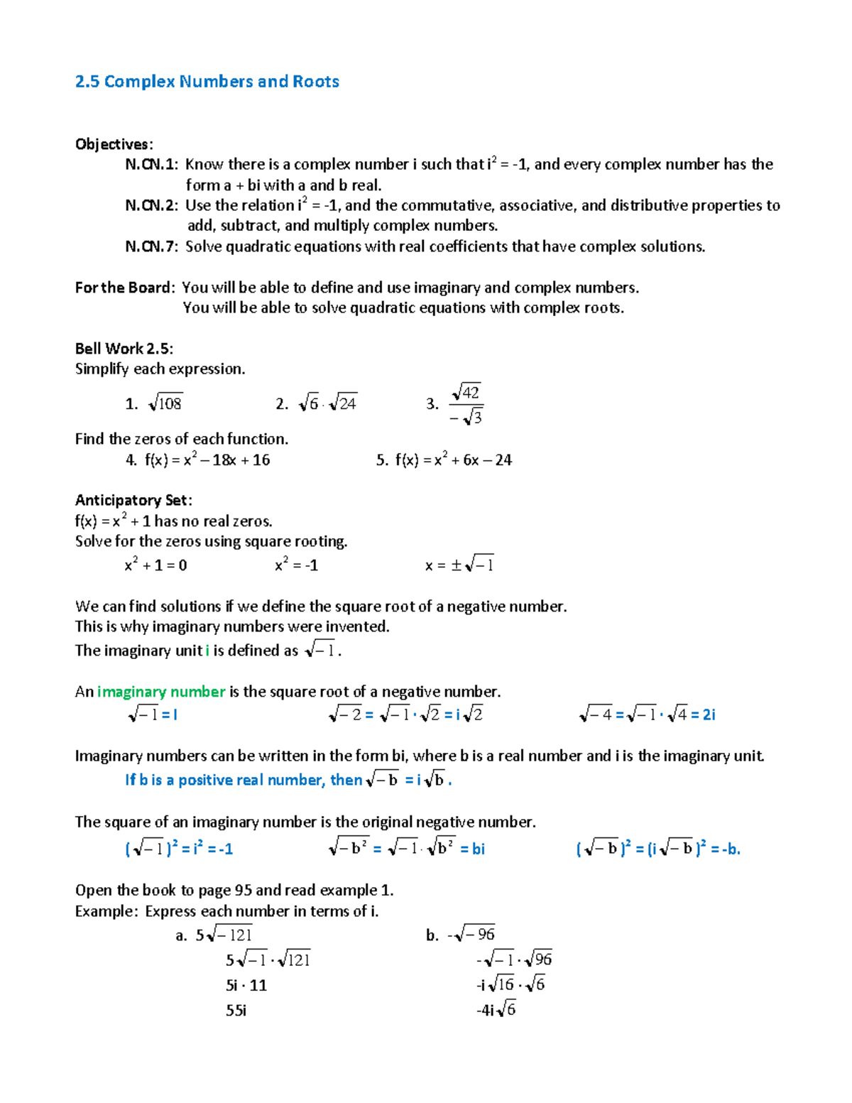 2.5 Imaginary Numbers and Roots - 2 Complex Numbers and Roots ...