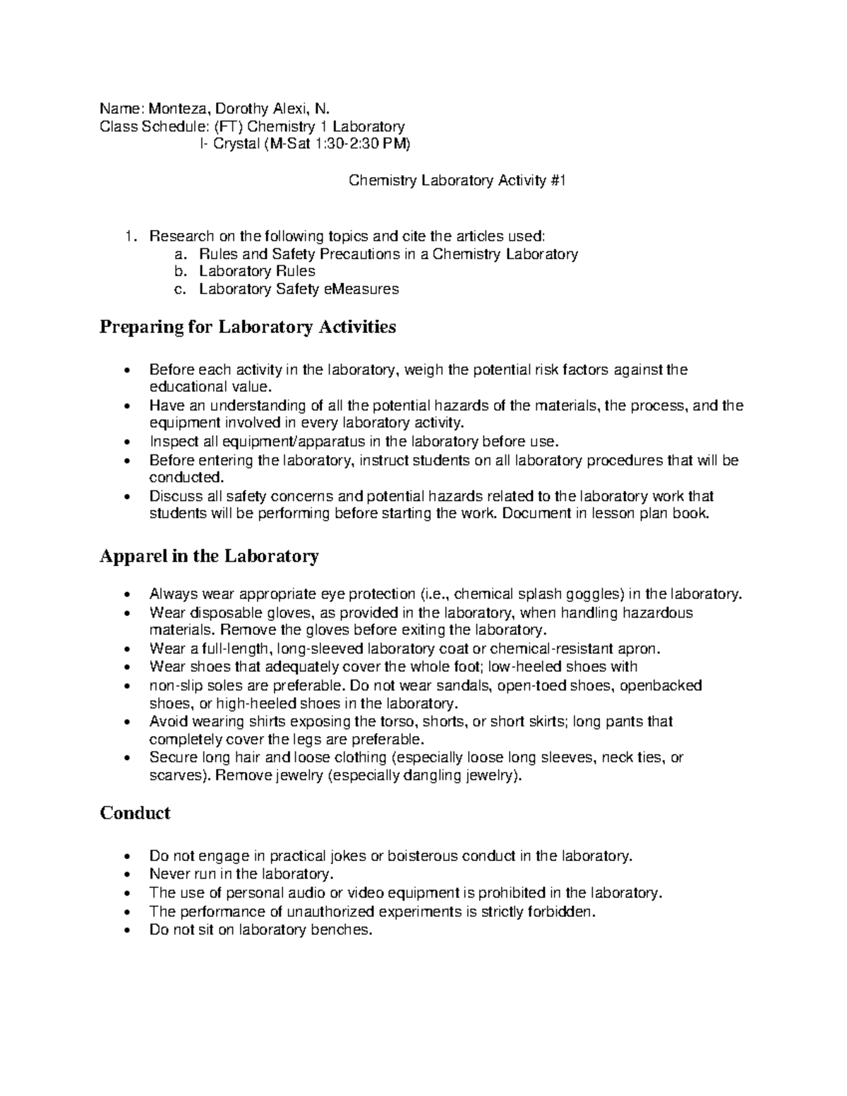 Laboratory Manual Chemistry Name Monteza, Dorothy Alexi, N. Class