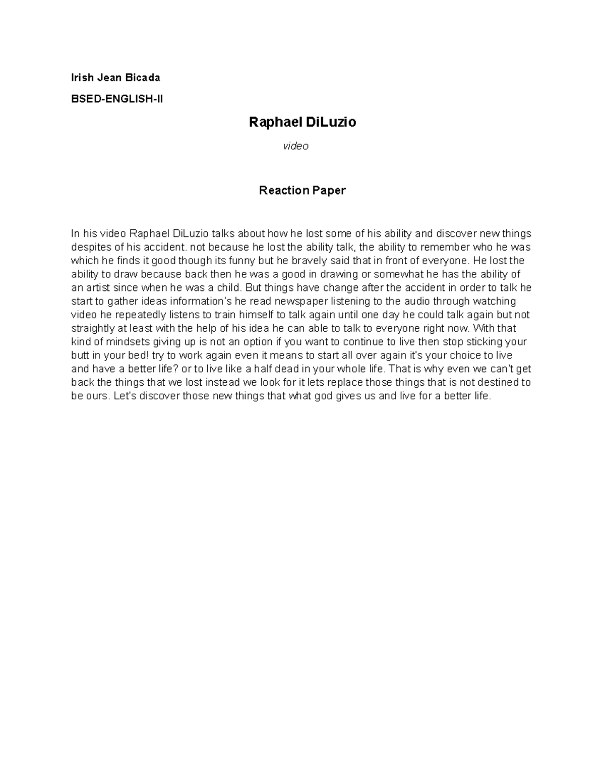 Raphael Di Luzio video reaction paper - Irish Jean Bicada BSED-ENGLISH ...