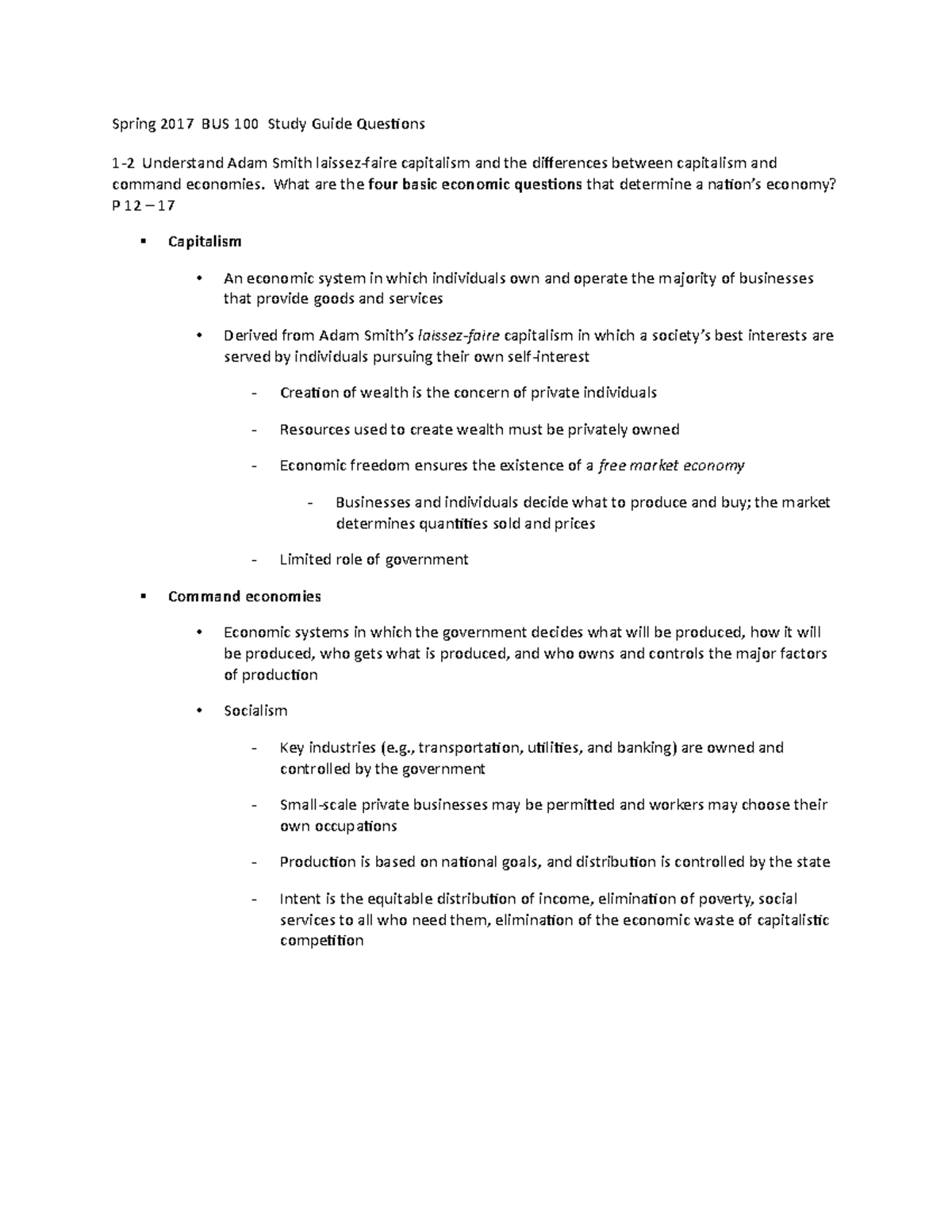 Final Business - Spring 2017 BUS 100 Study Guide Questions 1-2 ...