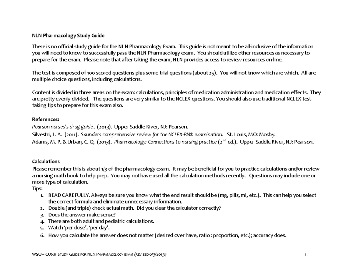 NLN Pharmacology Study Guide - This guide is not meant to be all ...