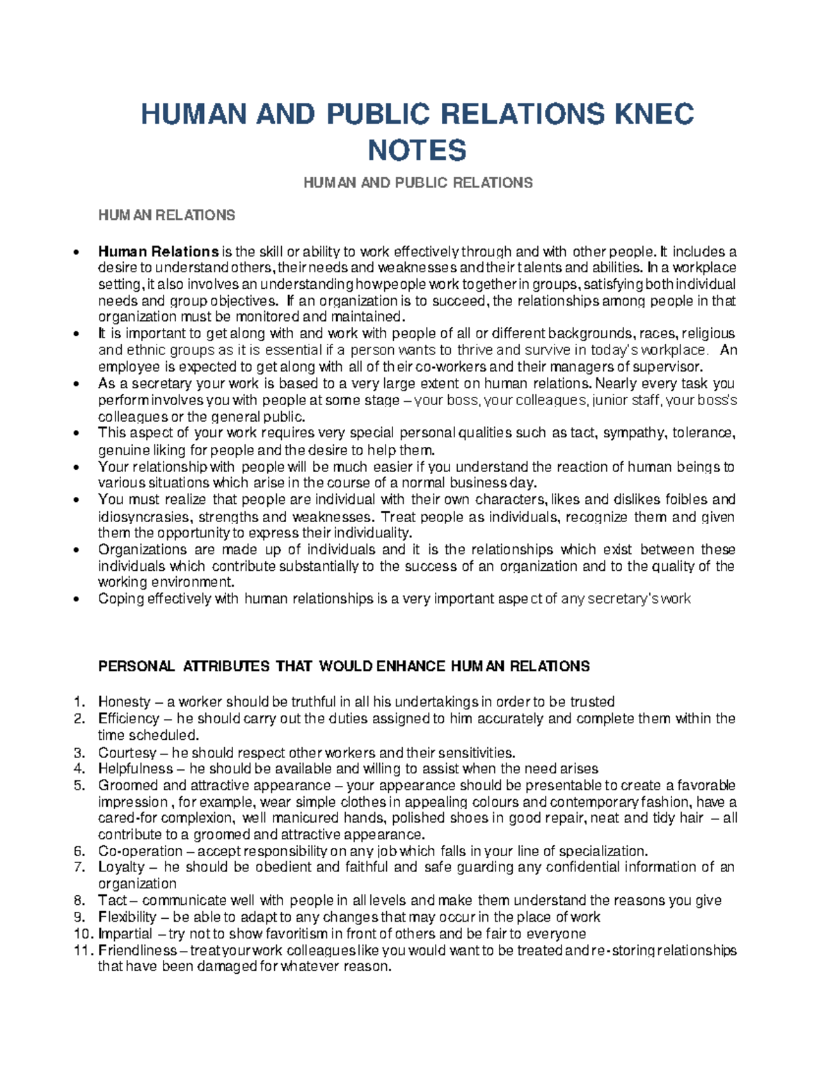 Human AND Public Relations KNEC Notes HUMAN AND PUBLIC RELATIONS KNEC