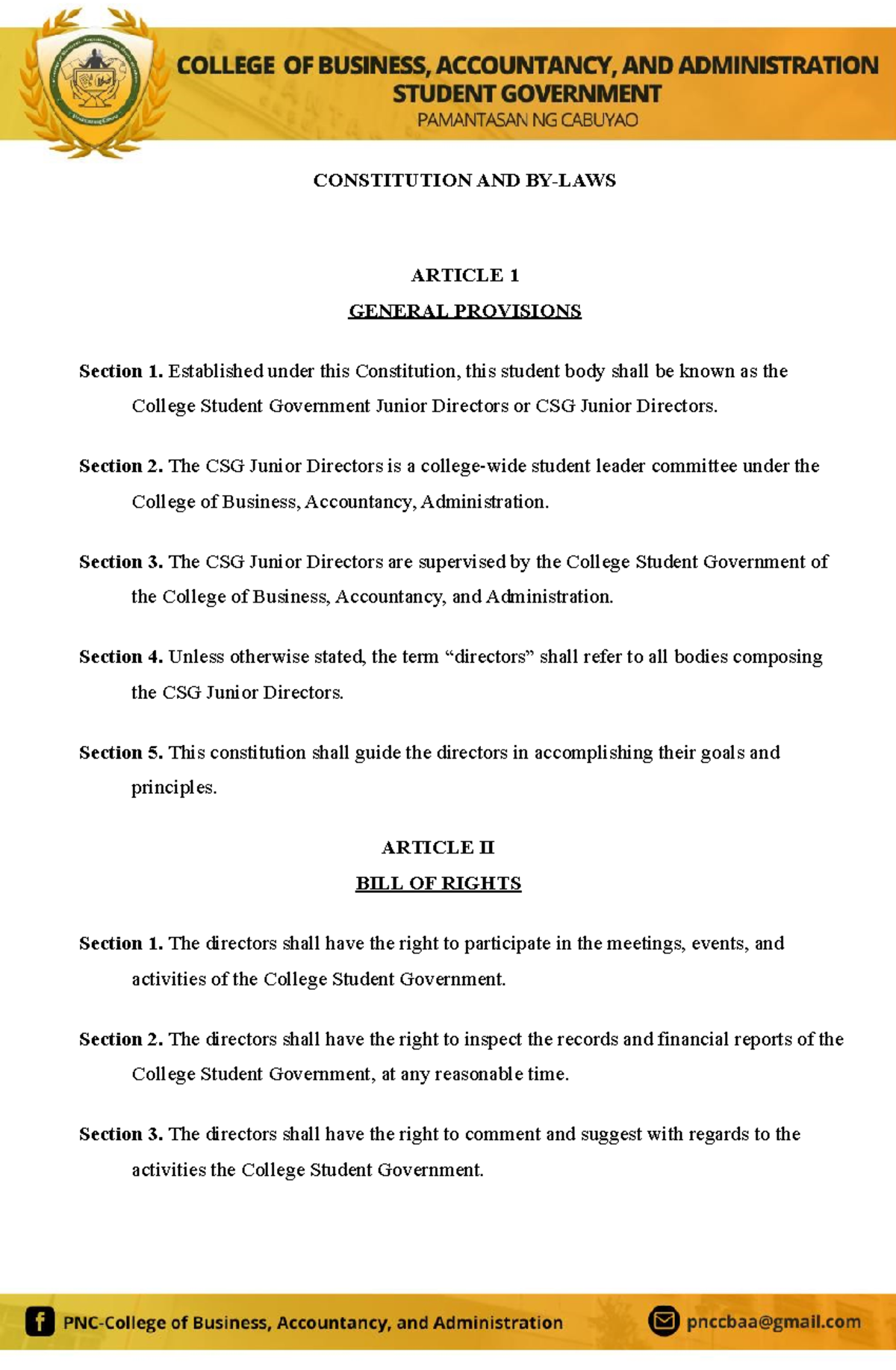 CSG Junior Directors By-Laws - CONSTITUTION AND BY-LAWS ARTICLE 1 ...