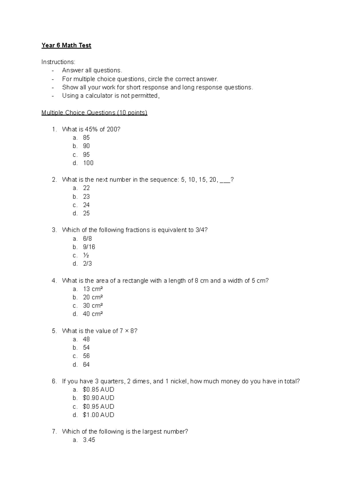 Year 6 Math Test - practice - Year 6 Math Test Instructions: - Answer ...