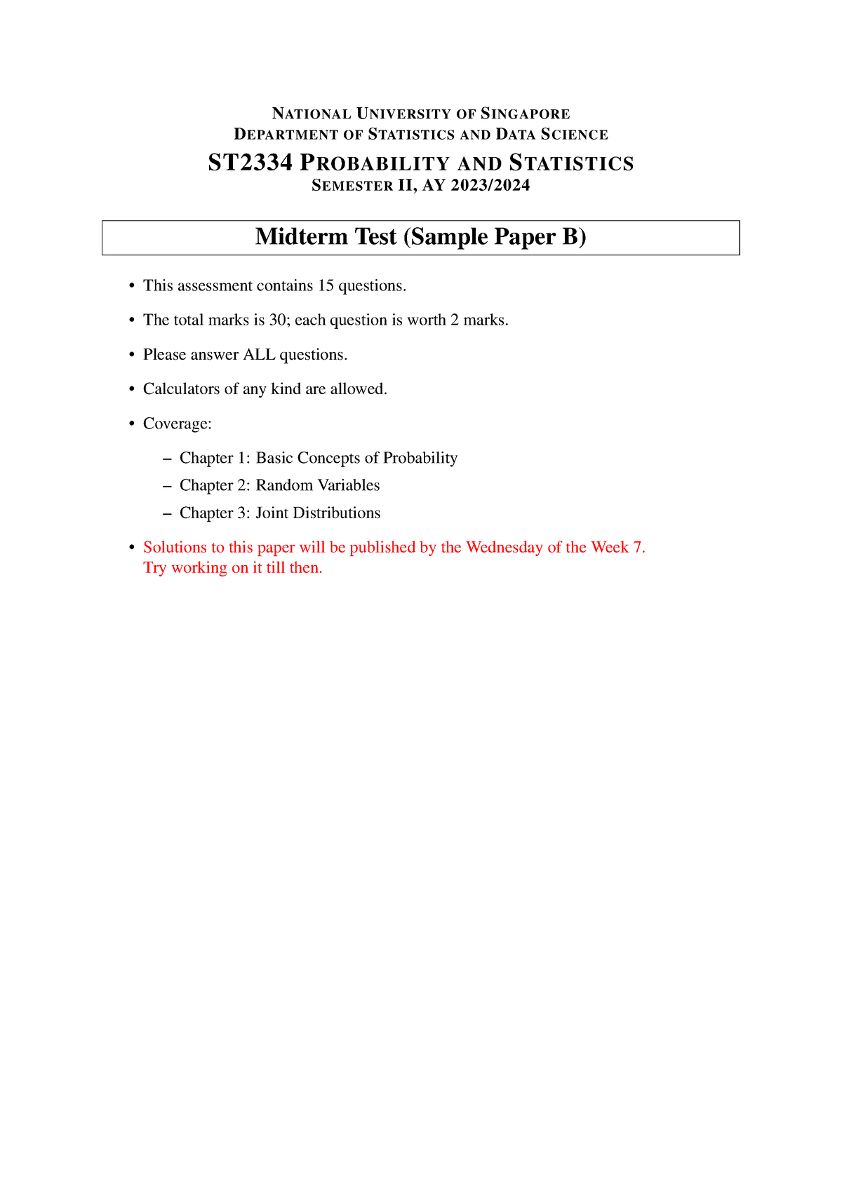 Sample B-midterm-23s2 - NATIONAL UNIVERSITY OF SINGAPORE DEPARTMENT OF ...