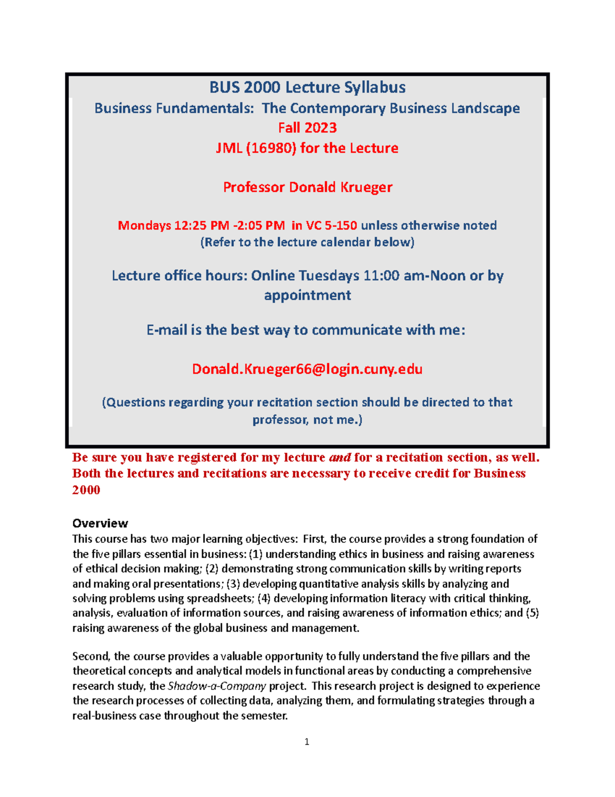 Business 2000 Syllabus Fall 2023 August 2023 - BUS 2000 Lecture ...