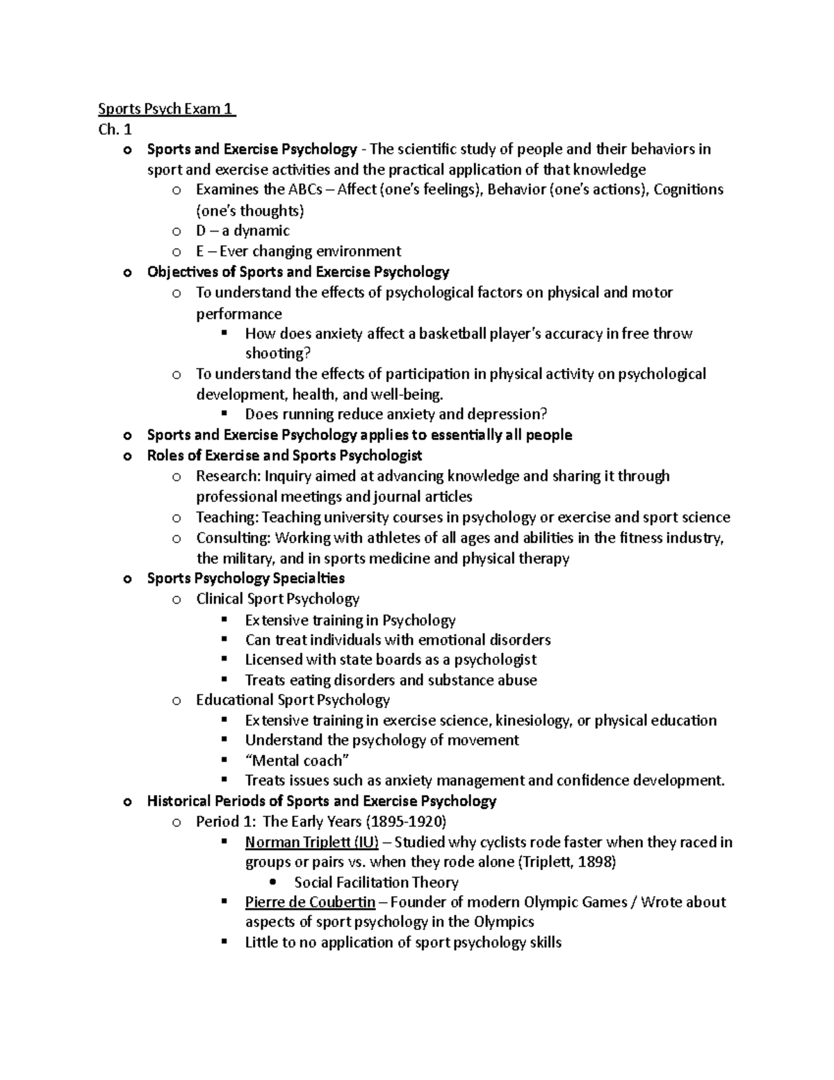 Sports Psychology Exam 1 Lecture Notes - Sports Psych Exam 1 Ch. 1