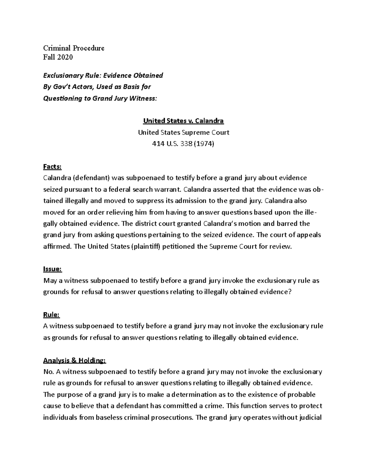 Crim pro 2020 United States v. Calandra Criminal Procedure Fall 2020