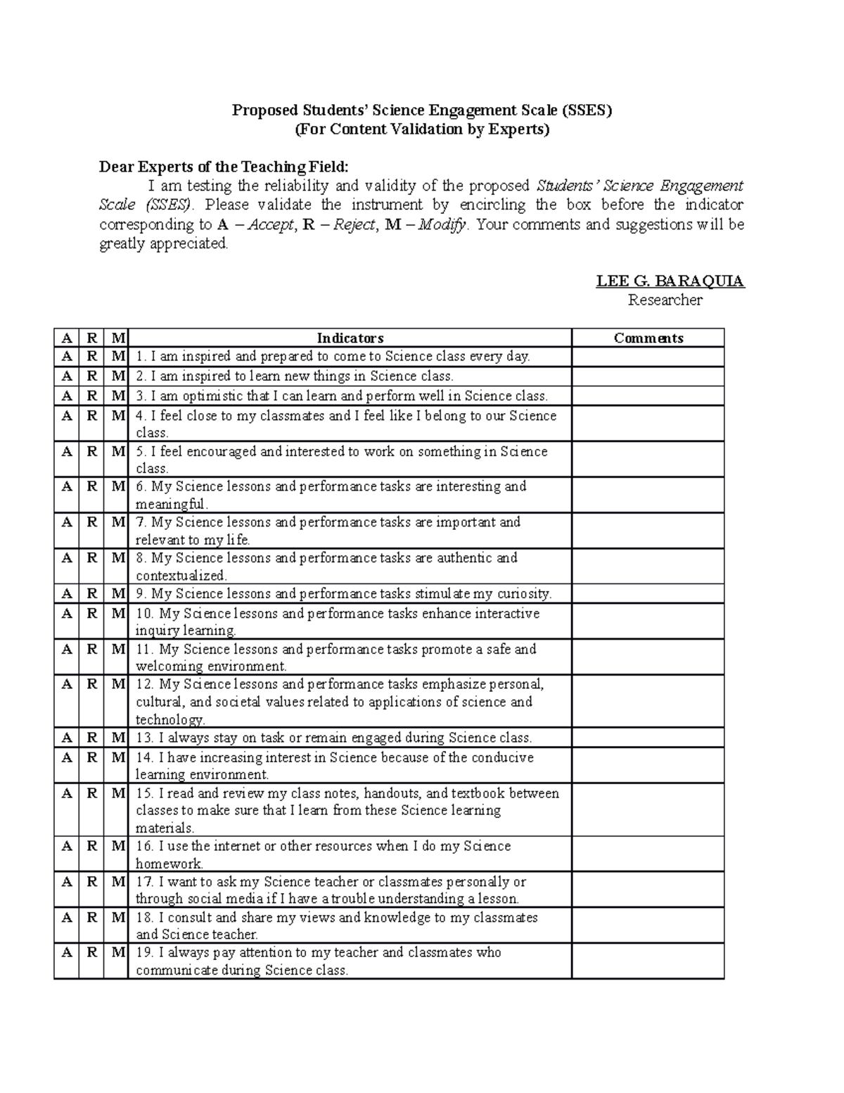 Content Validation Form SSES - Proposed Students’ Science Engagement ...