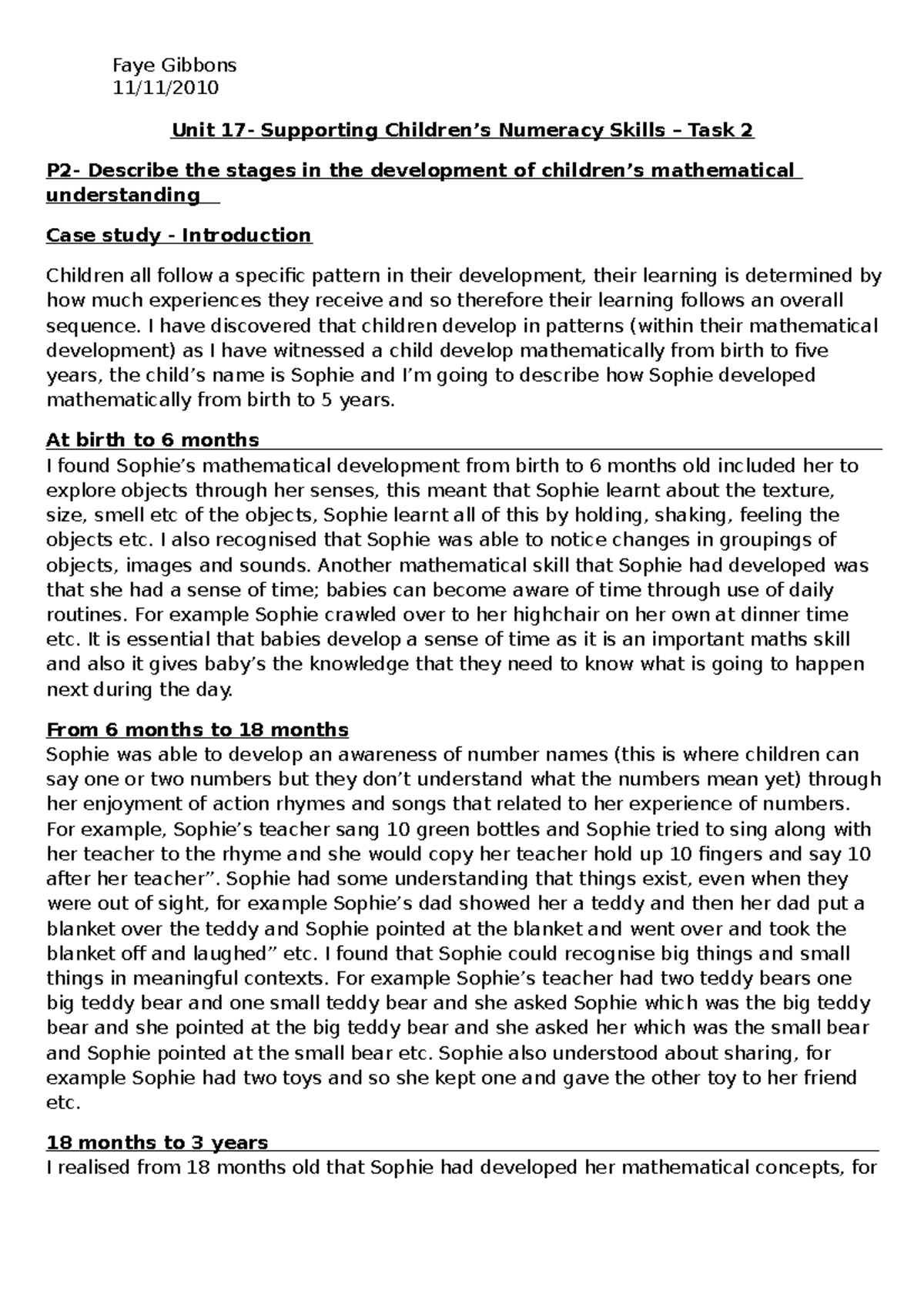 Task 2-p2 - essay - 11/11/ Unit 17- Supporting Children’s Numeracy ...