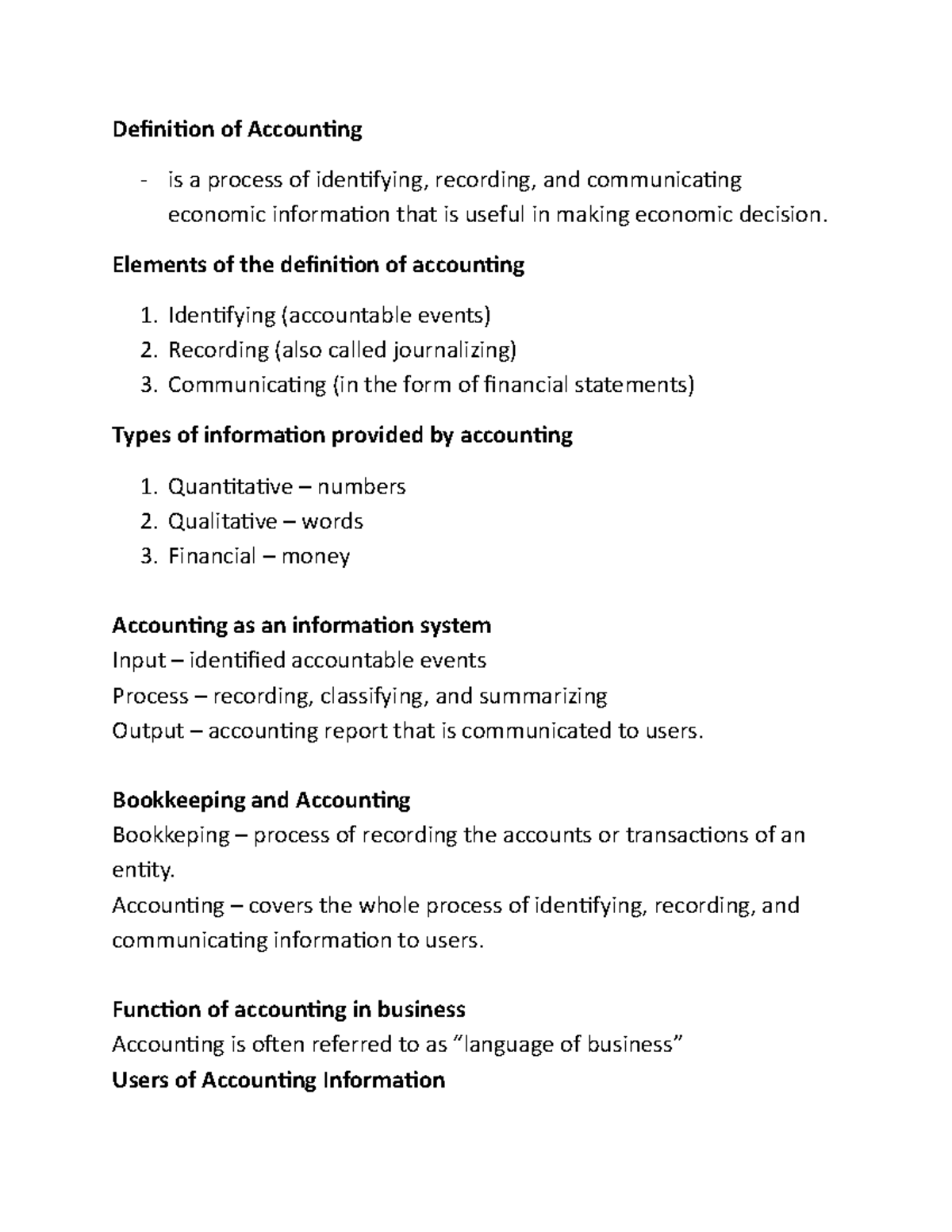 Basic Accounting Reviewer - Definition of Accounting is a process of ...