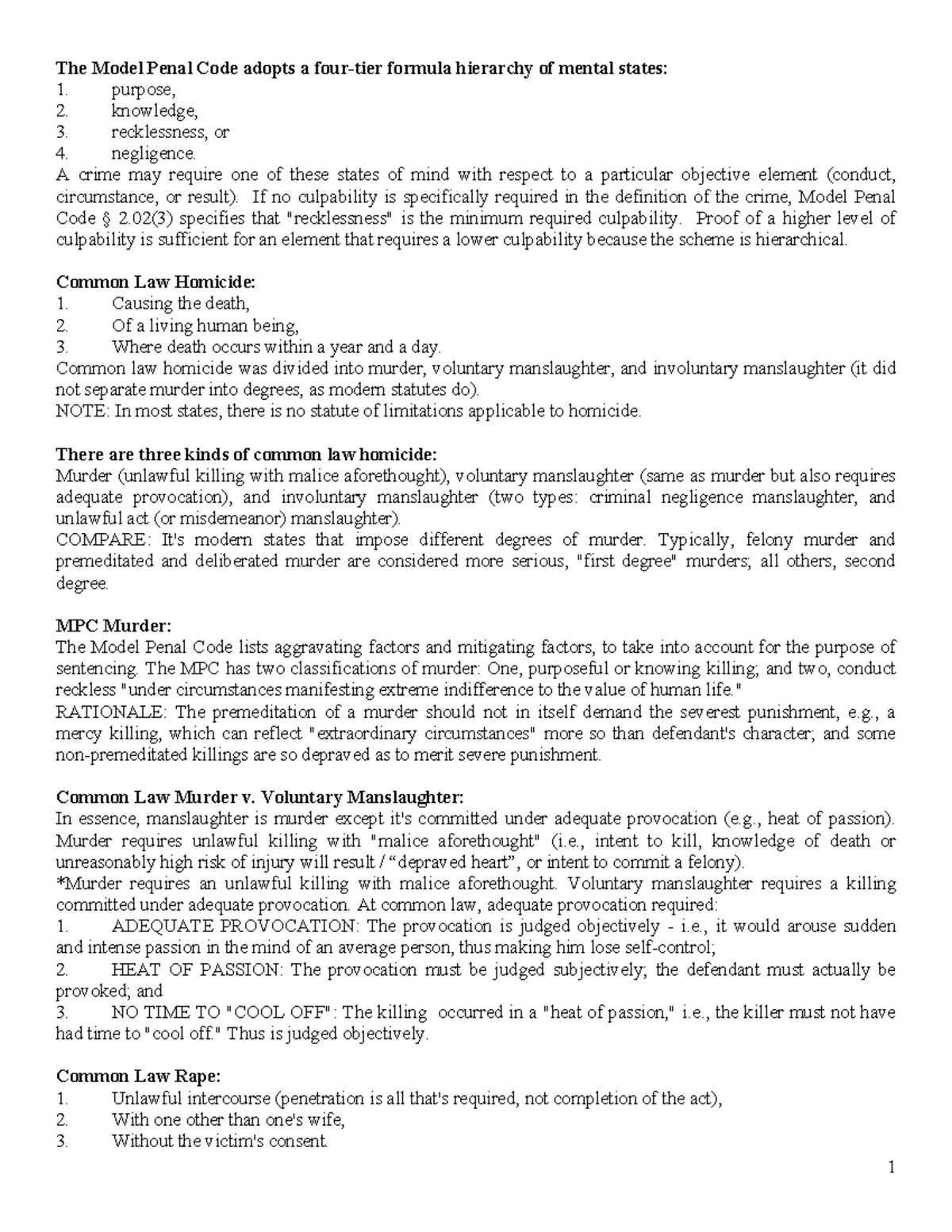 Criminal Law Law degree TCNJ The Model Penal Code adopts a four