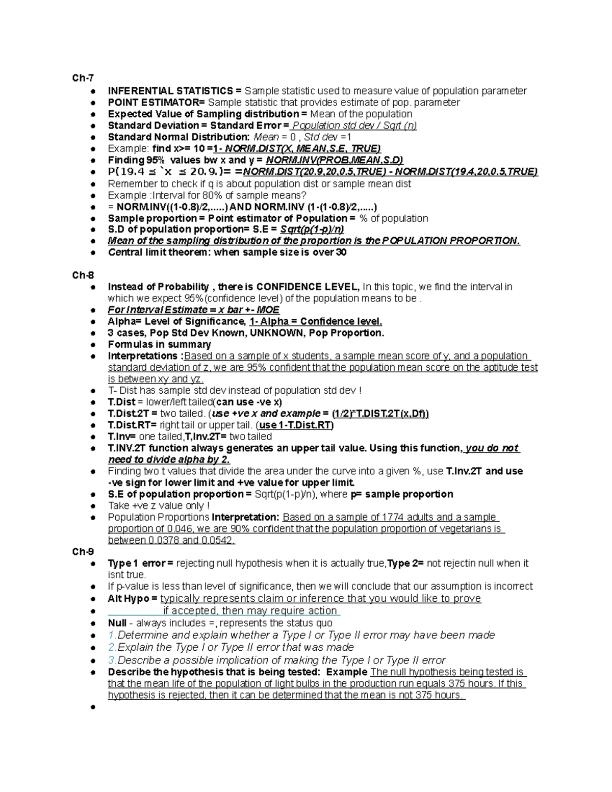 Stats Ch-7 to 10 - lecture notes for chapters 1 to 7 - Ch- INFERENTIAL ...