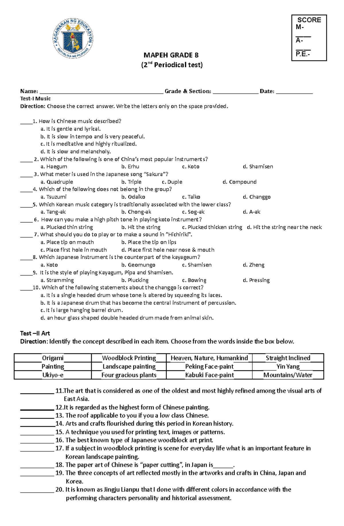 Second Periodical Test Grade 6 Mapeh