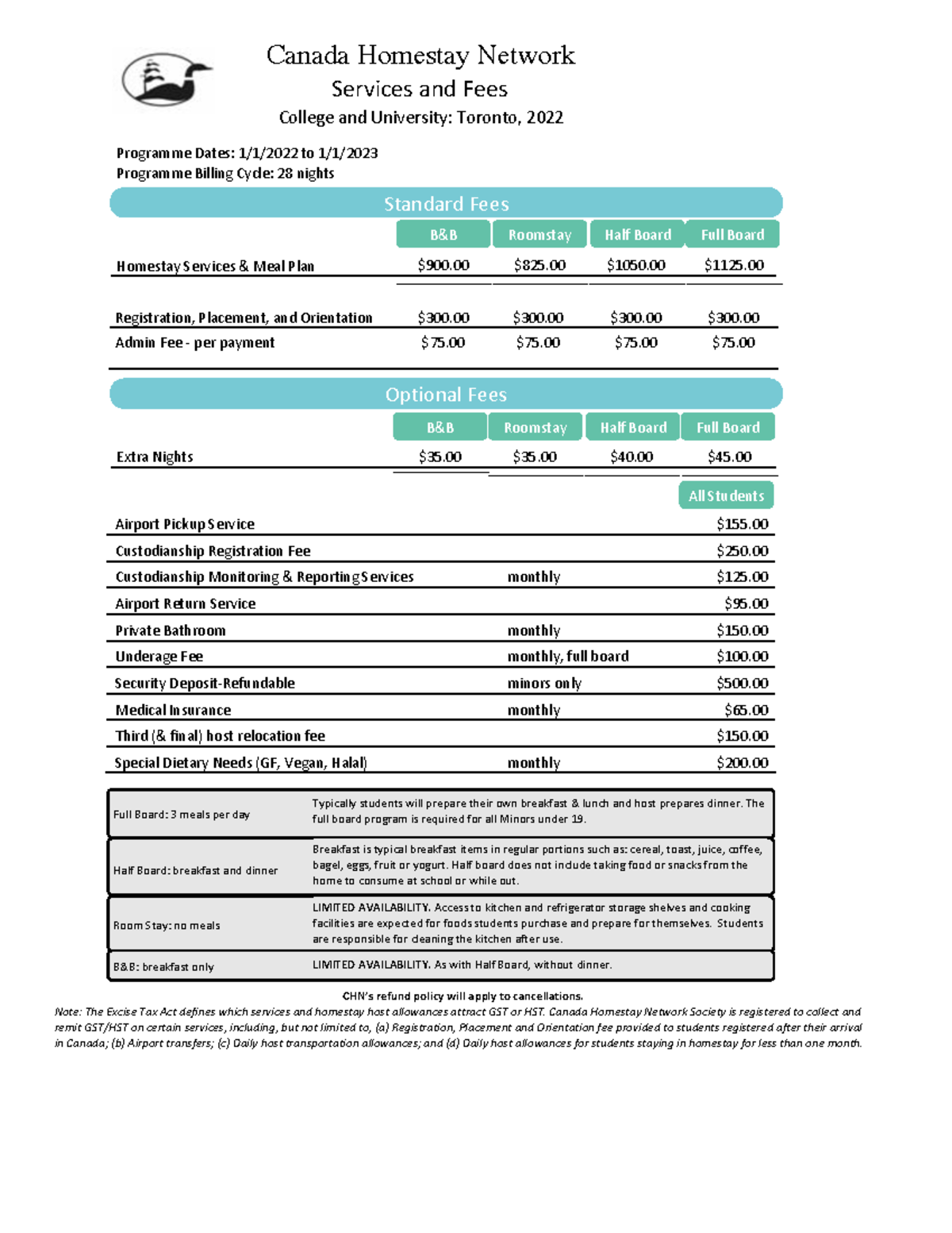 Servicesfees to postsec 2022 Canada Homestay Network Services and Fees College and University