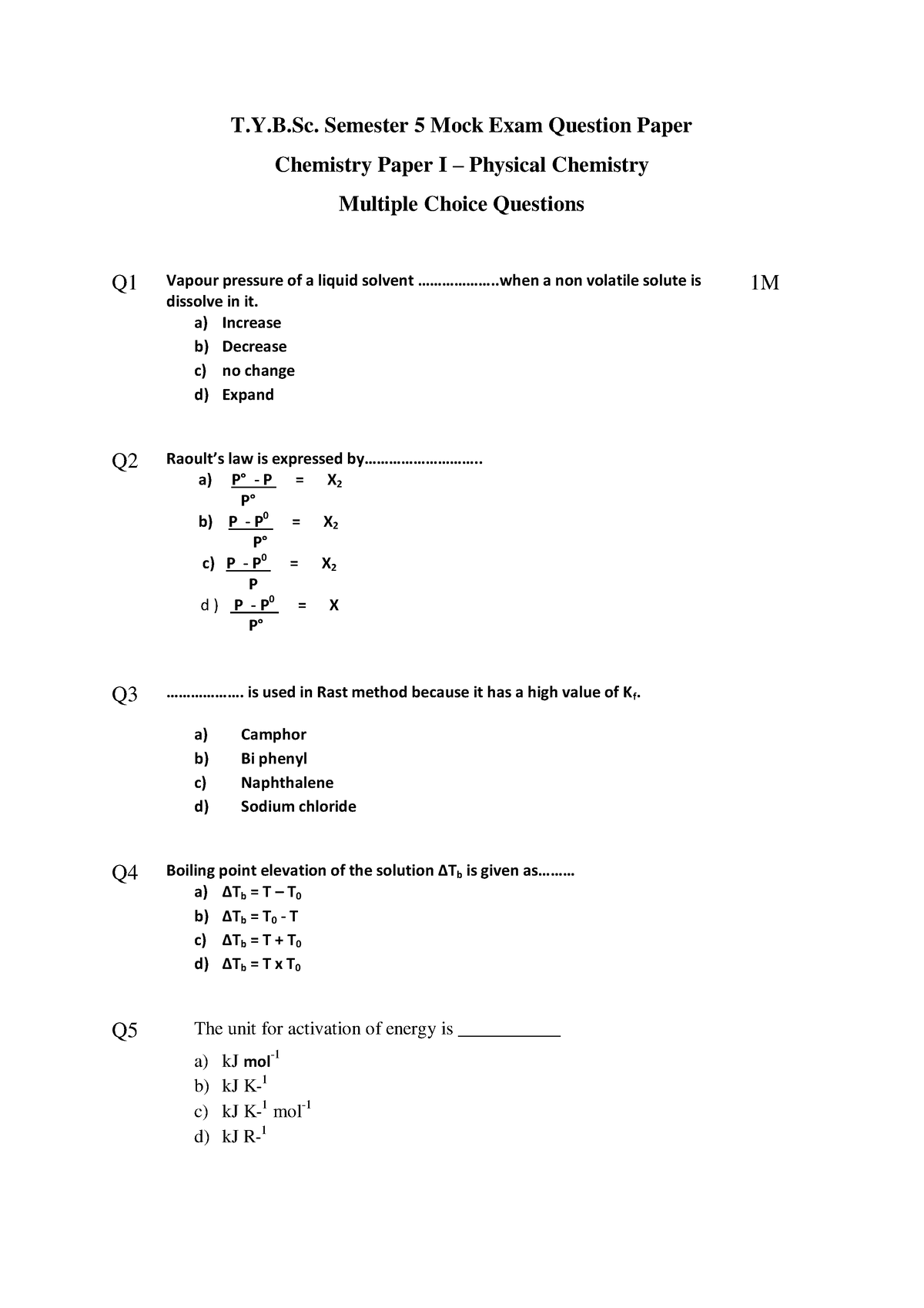 T Y B Sc Sem V Physical Chemistry Moco Questions & Answer Key - T.Y.B ...