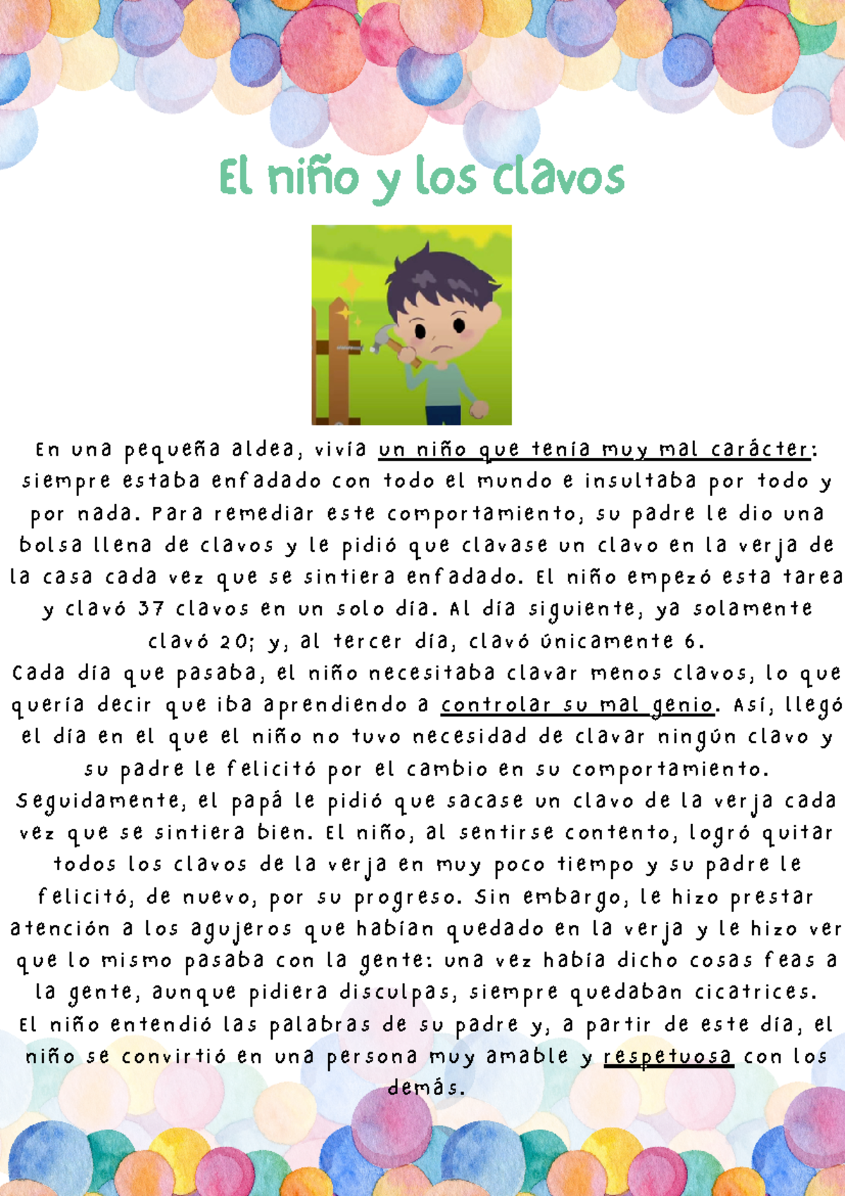 El niño y los clavos - fabula - E n u n a p e q u e ñ a a l d e a , v i ...