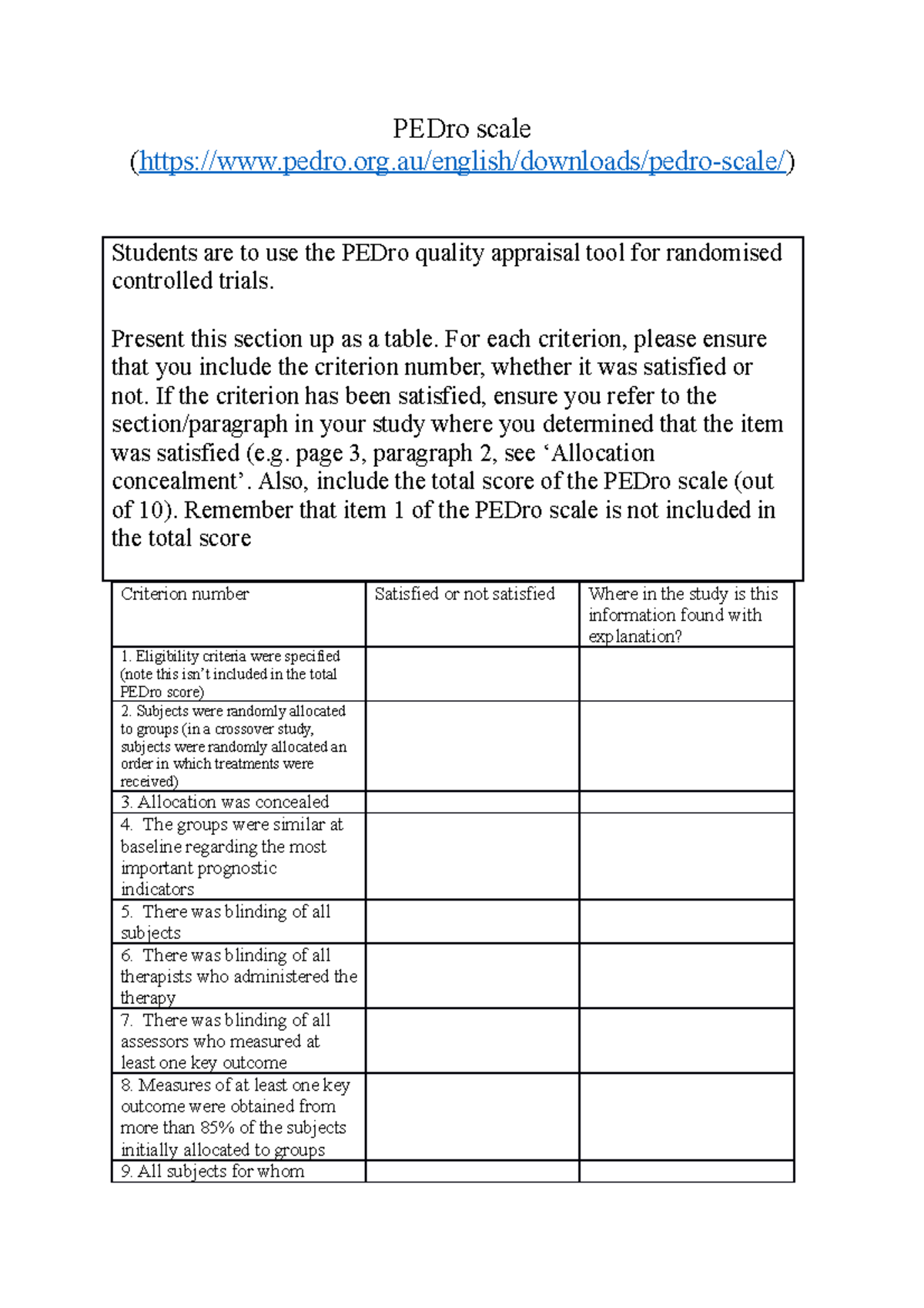 PEDro Scale Critical Appraisal Tool PEDro Scale pedro english