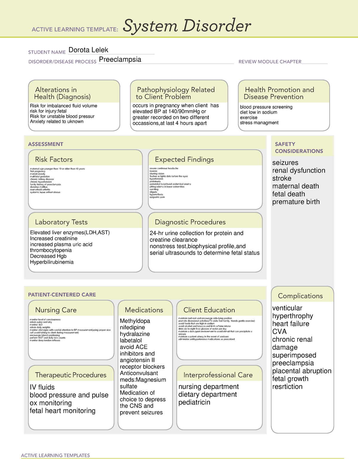 System Disorder Template Atipreeclamsia ACTIVE LEARNING TEMPLATES