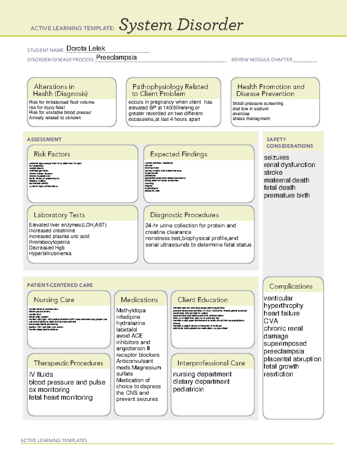 System Disorder Template Atipreeclamsia ACTIVE LEARNING TEMPLATES 