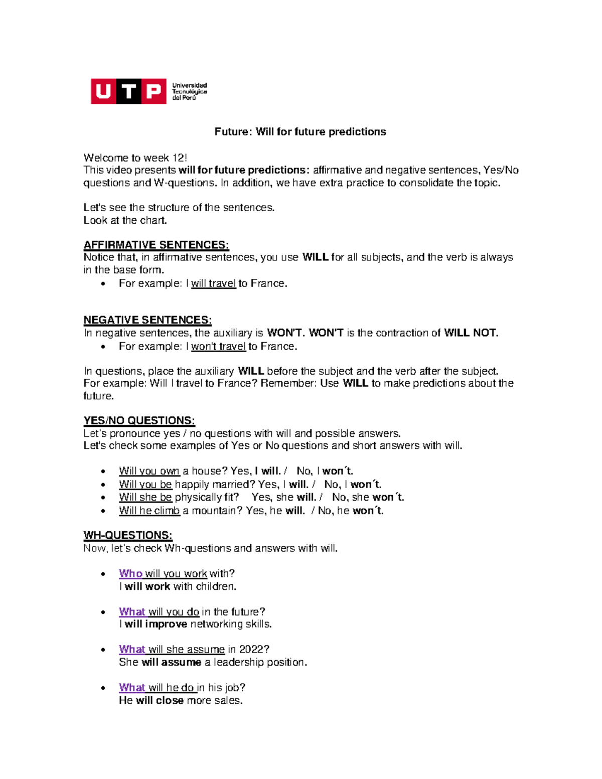 Week 12 - Script - Future - Will for future predictions - Future: Will ...