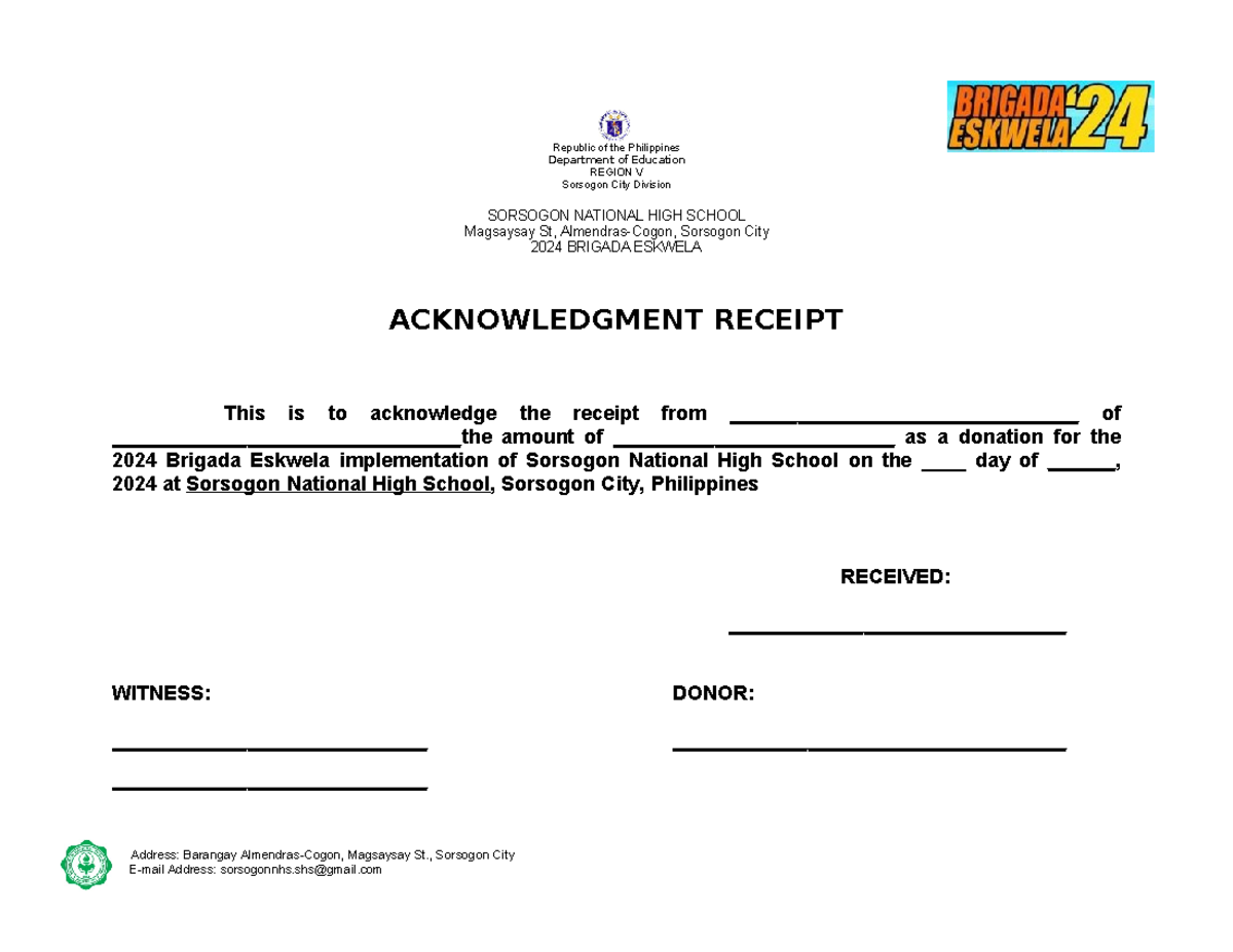 Ack-Receipt - To acknowledge donations - Republic of the Philippines ...