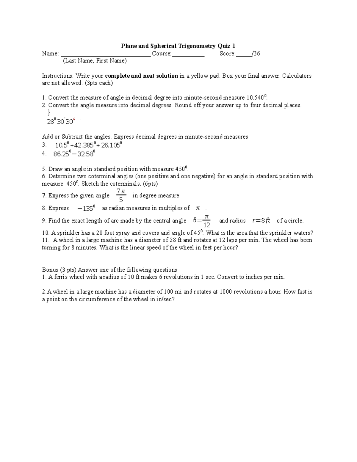 PST Prelim quiz 1 - Plane and Spherical Trigonometry - Plane and ...