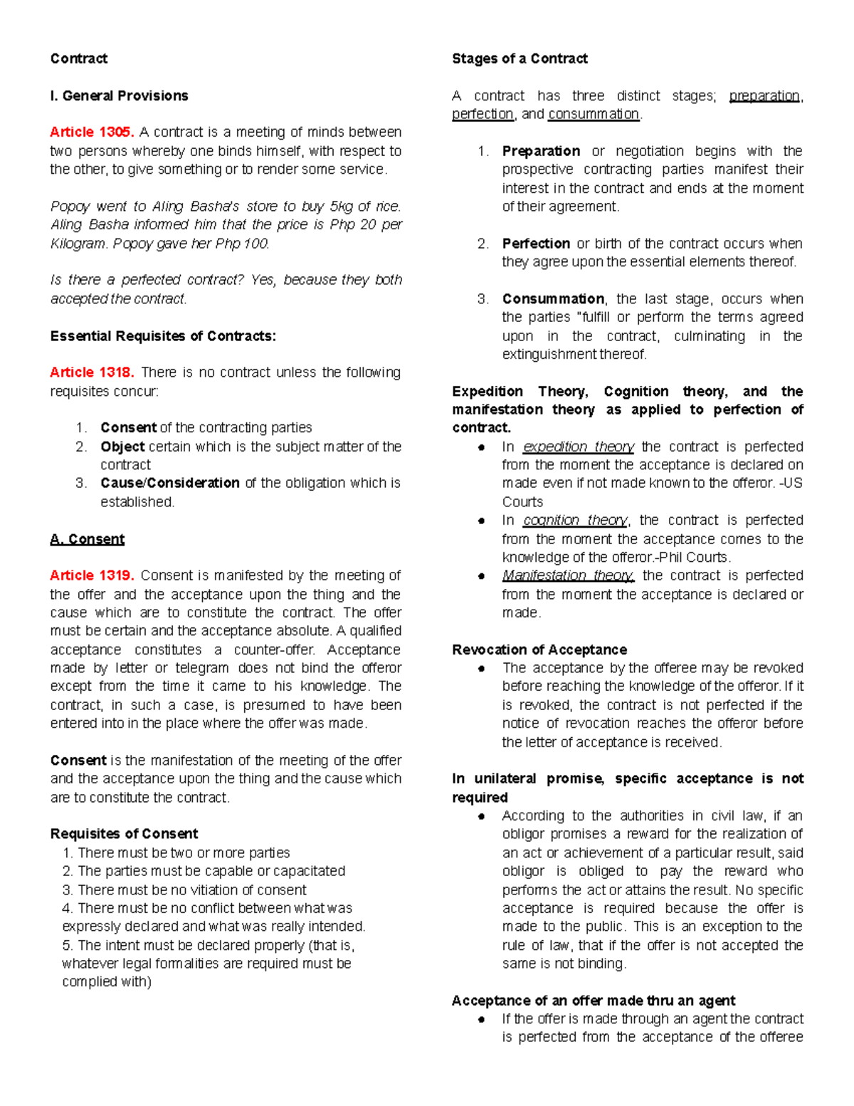 LAW - Contract I. General Provisions Article 1305. A contract is a ...