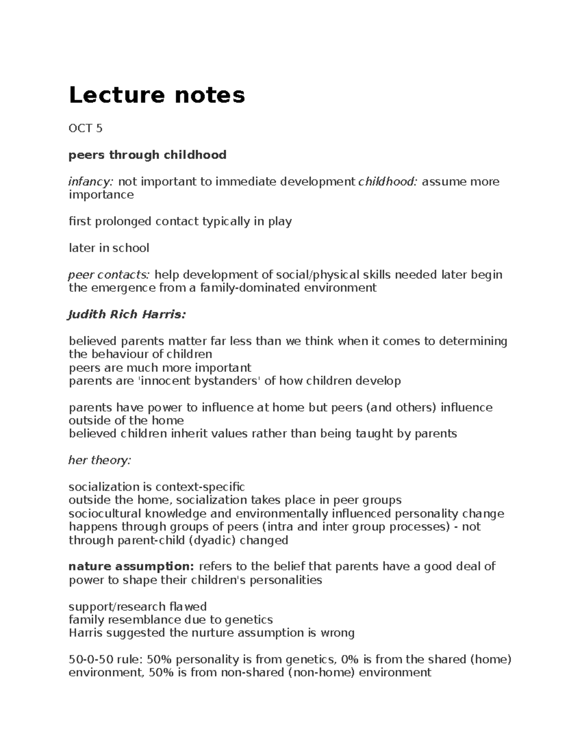 Peers part 2 Lecture notes OCT 5 peers through childhood infancy not