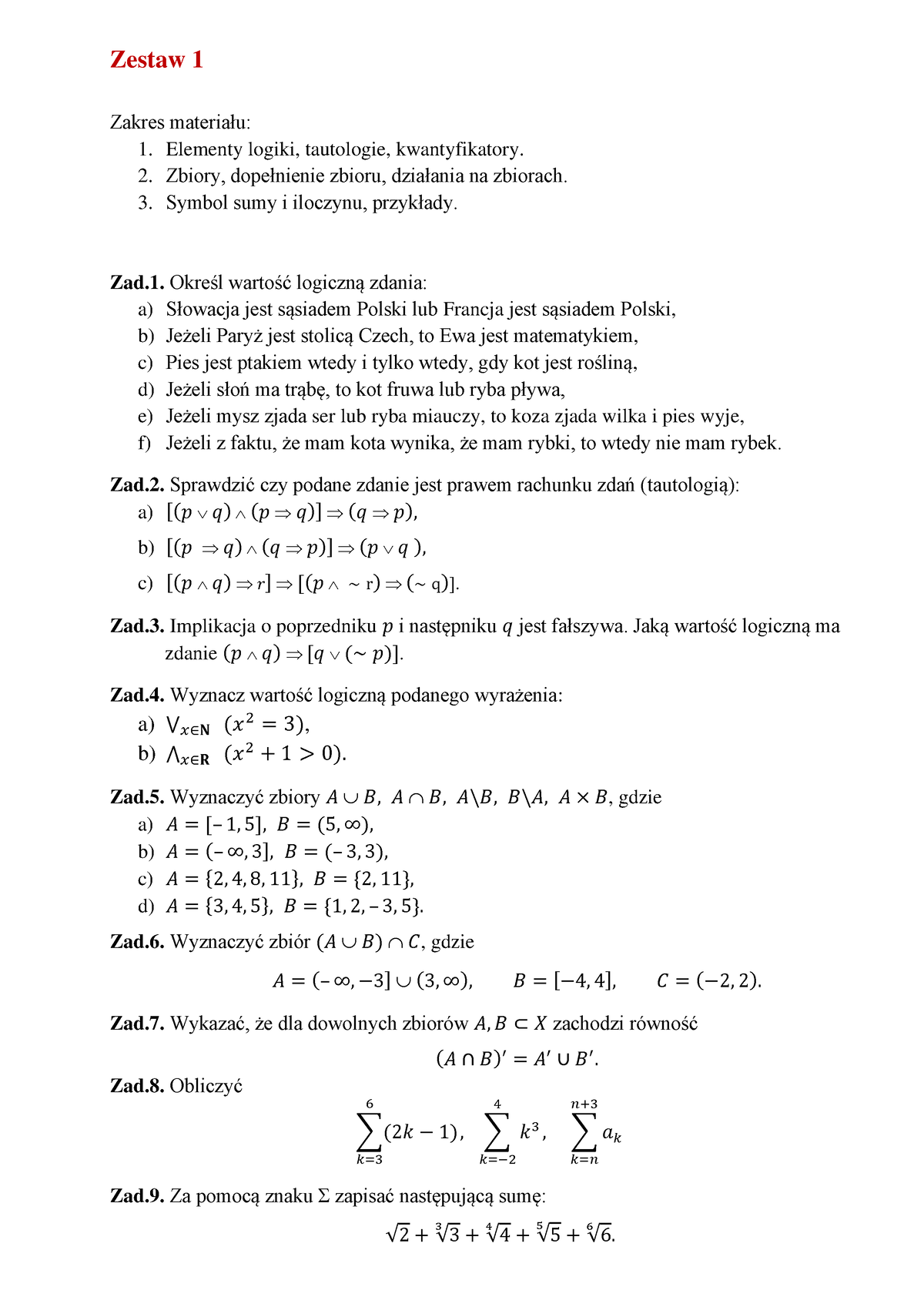 Zestaw Zadań 1 - Logika - Zestaw 1 Zakres Materiału: Elementy Logiki ...