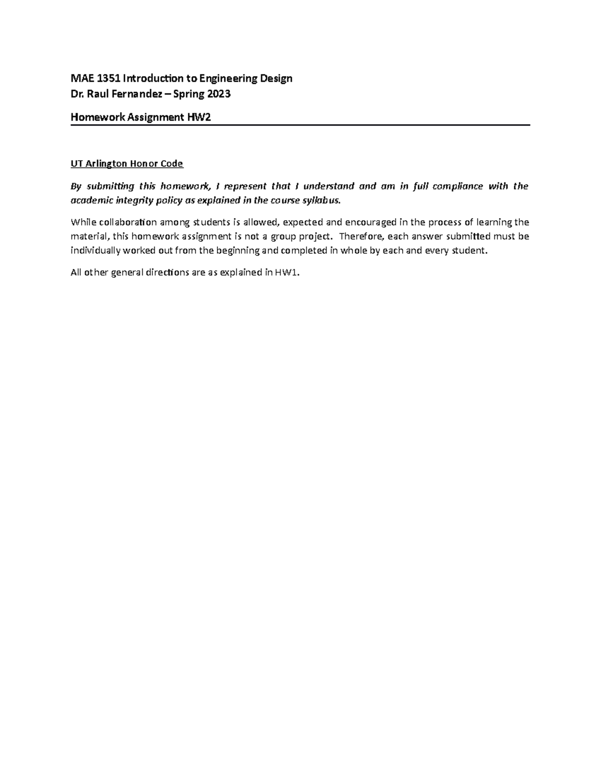 23Sp HW2 assignment - n/a - MAE 1351 Introduction to Engineering Design ...