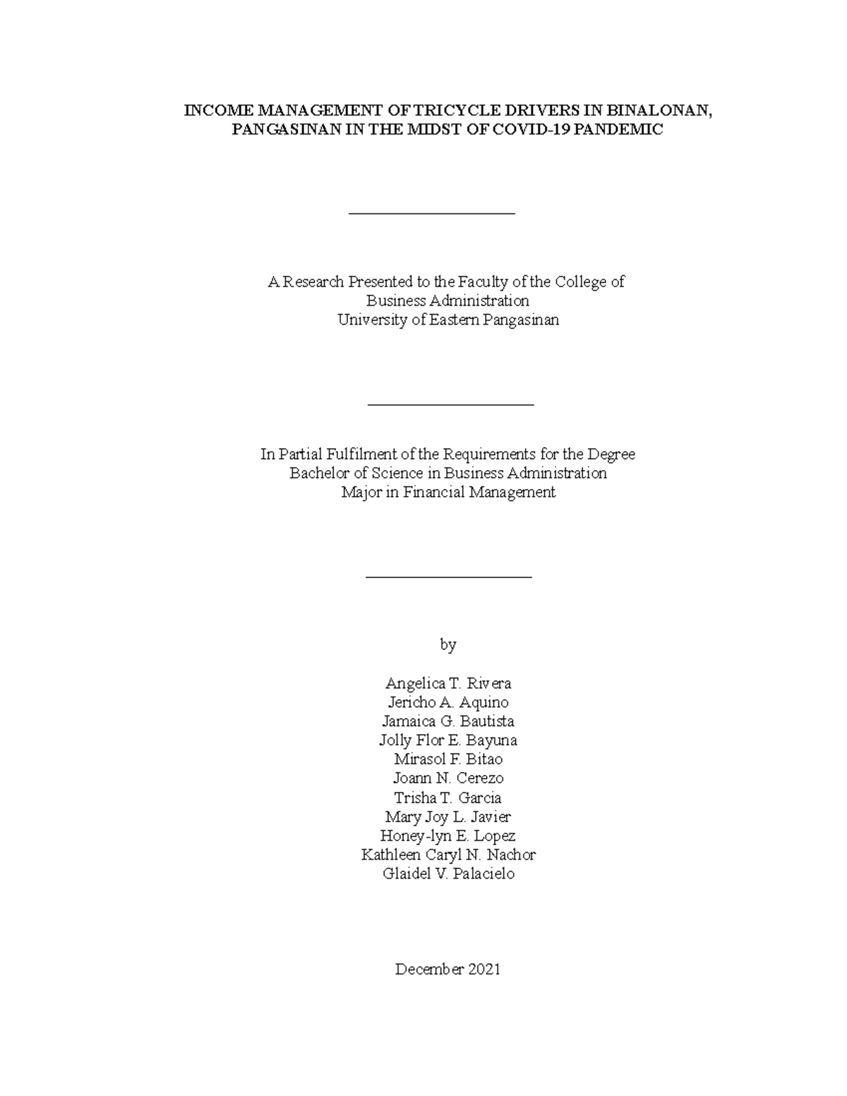 management of the Tricycle Drivers MANAGEMENT OF