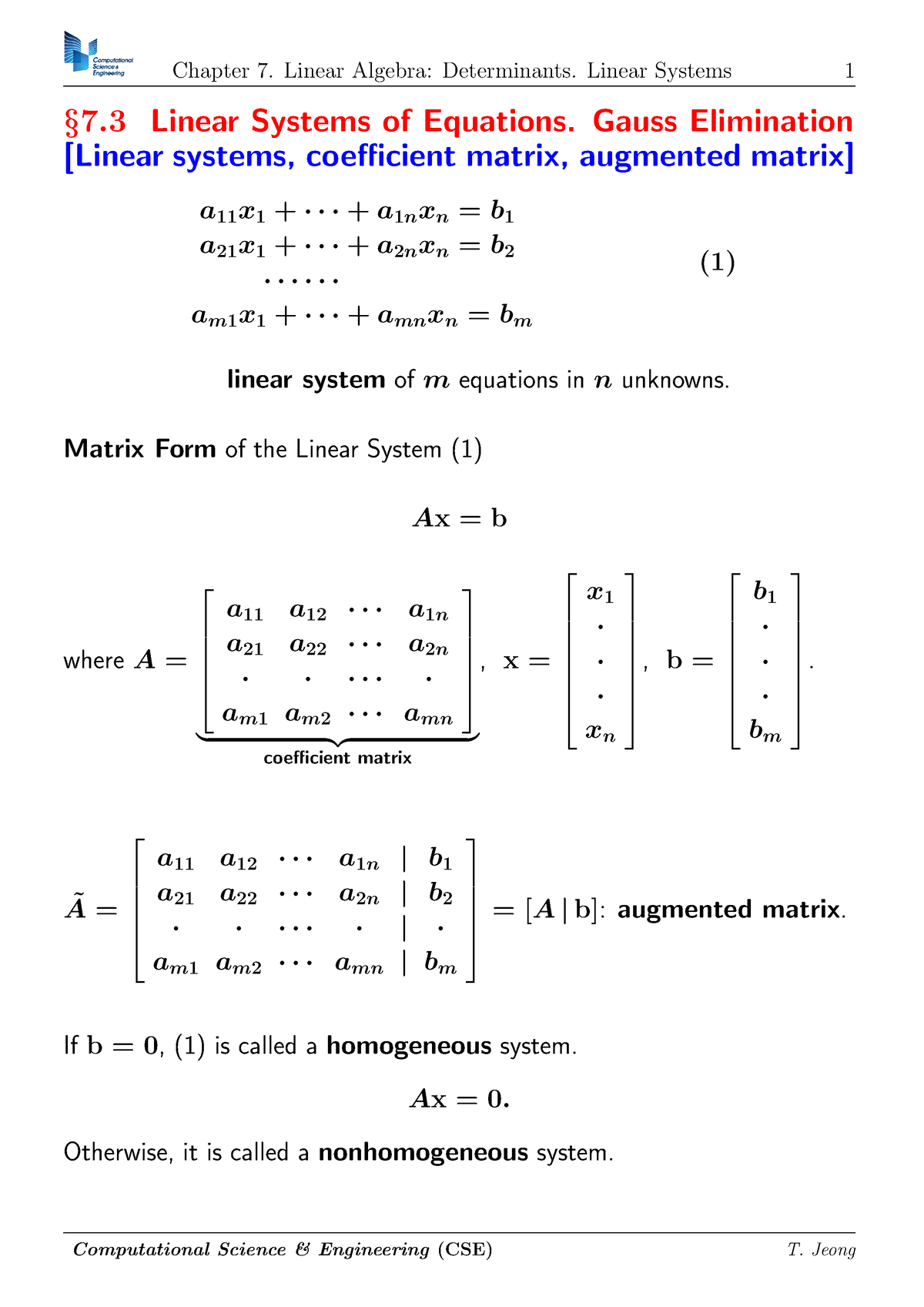 Eng Math 3 Chapter 7 - § 7. 3 Linear Systems Of Equations. Gauss ...