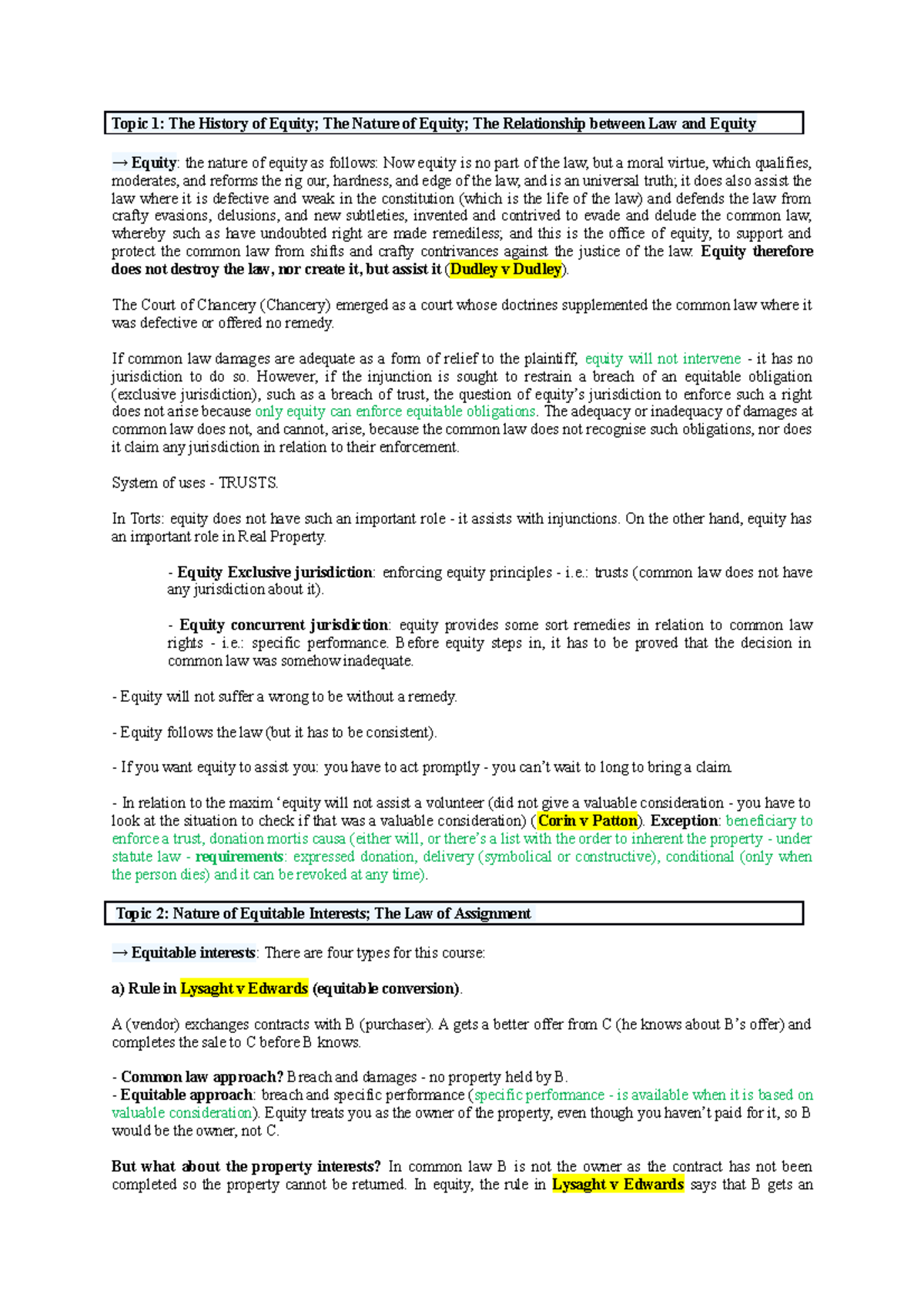 Notes - Topic 1: The History of Equity; The Nature of Equity; The ...