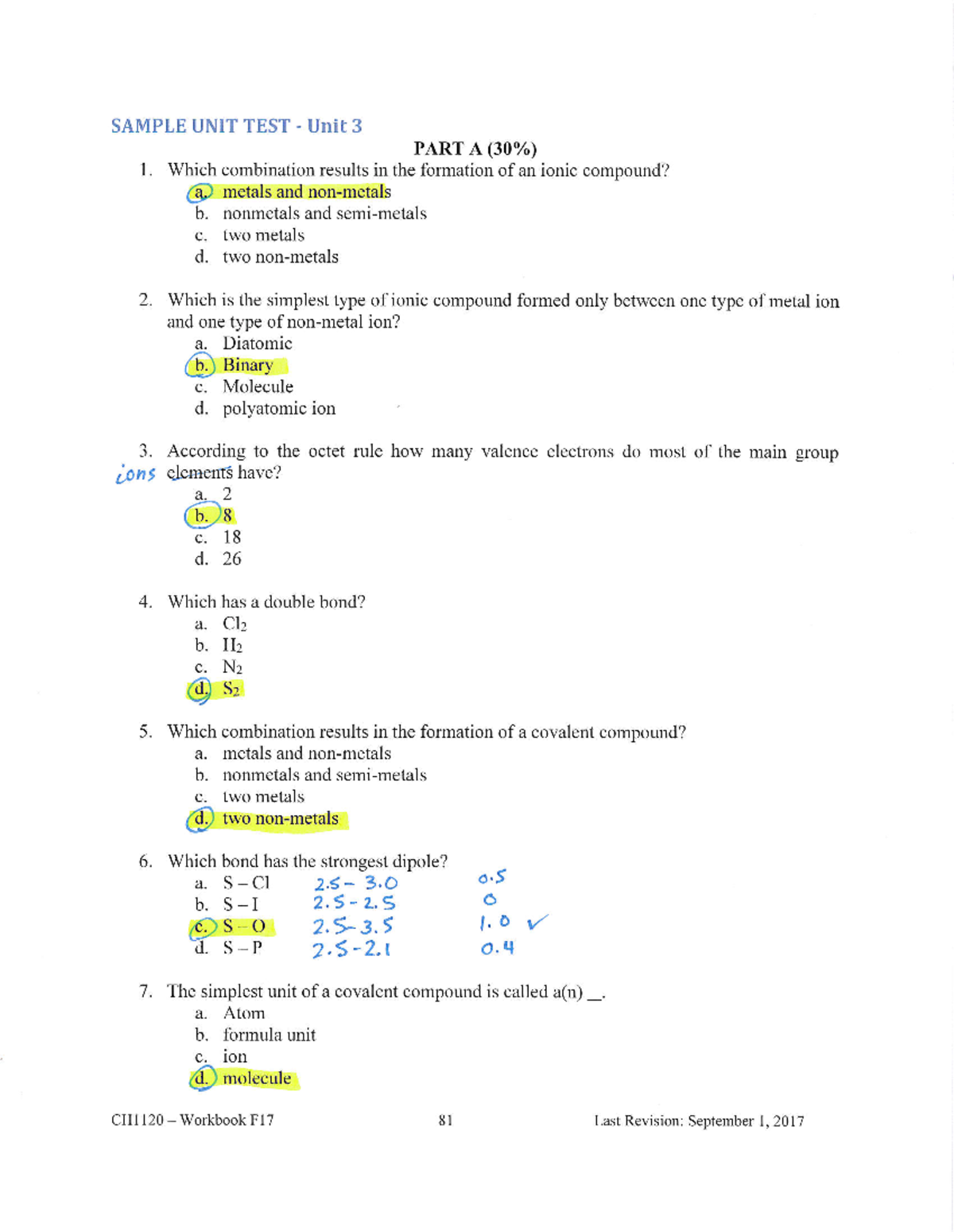 Unit 3 Sample Exam (Answers Included) SAMPLE UNIT TEST Unit 3