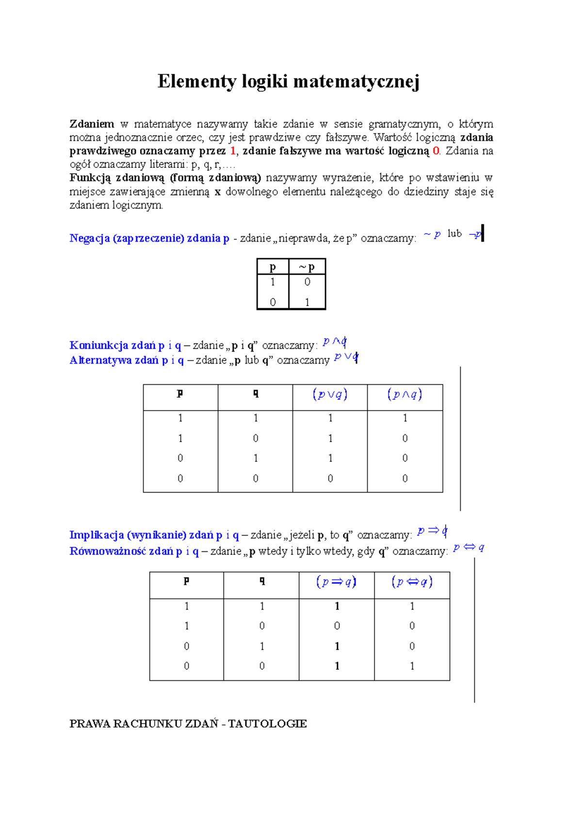 Elementy-logiki-matematycznej - Elementy Logiki Matematycznej Zdaniem W ...