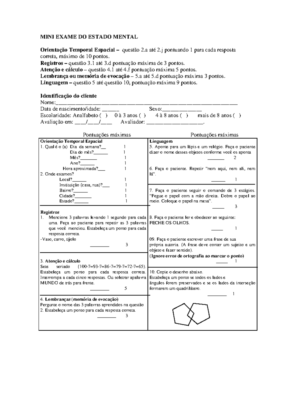 Mini exame do estado mental em PDF - Avaliaçao - MINI EXAME DO ESTADO ...