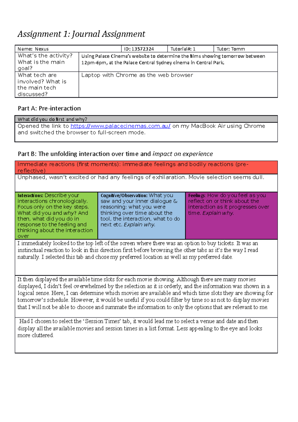 Journal template final - Assignment 1: Journal Assignment Name: Nexus ...