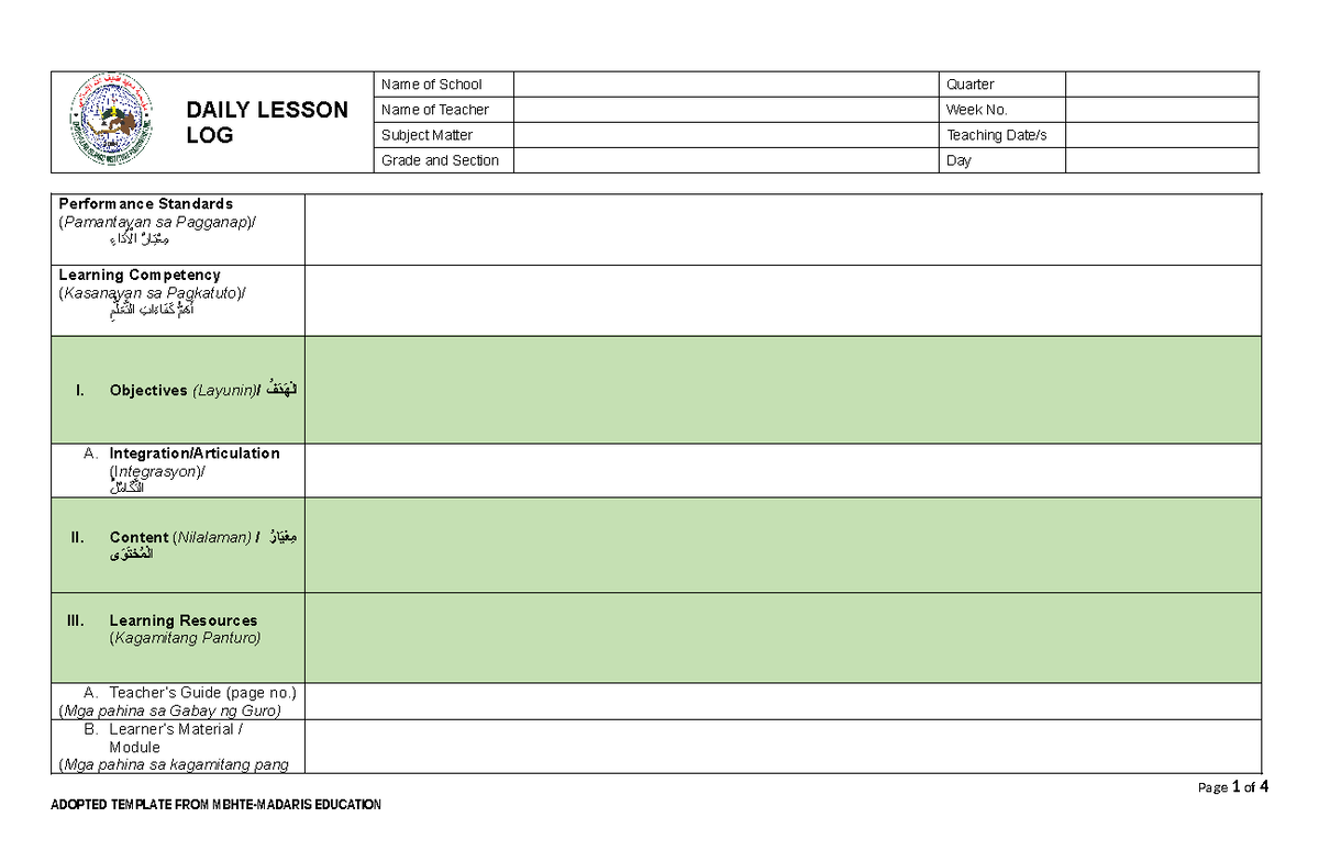 DLL Template - DAILY LESSON LOG Name of School Quarter Name of Teacher ...
