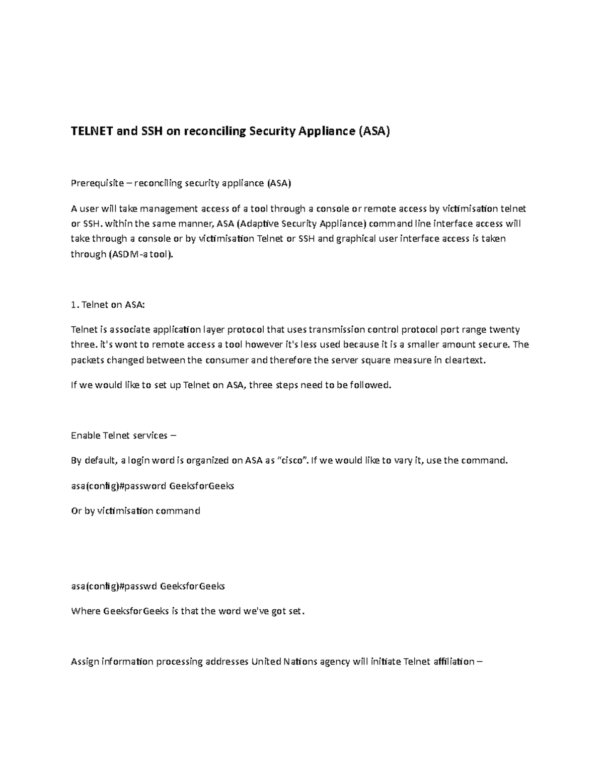 Telnet and SSH on reconciling Security Appliance (ASA) - TELNET and SSH ...
