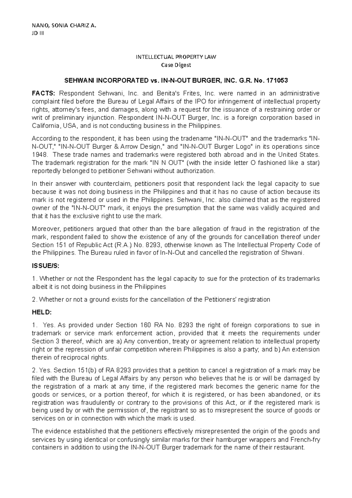 Intellectual property case digest for merge JD III INTELLECTUAL PROPERTY LAW Case Digest