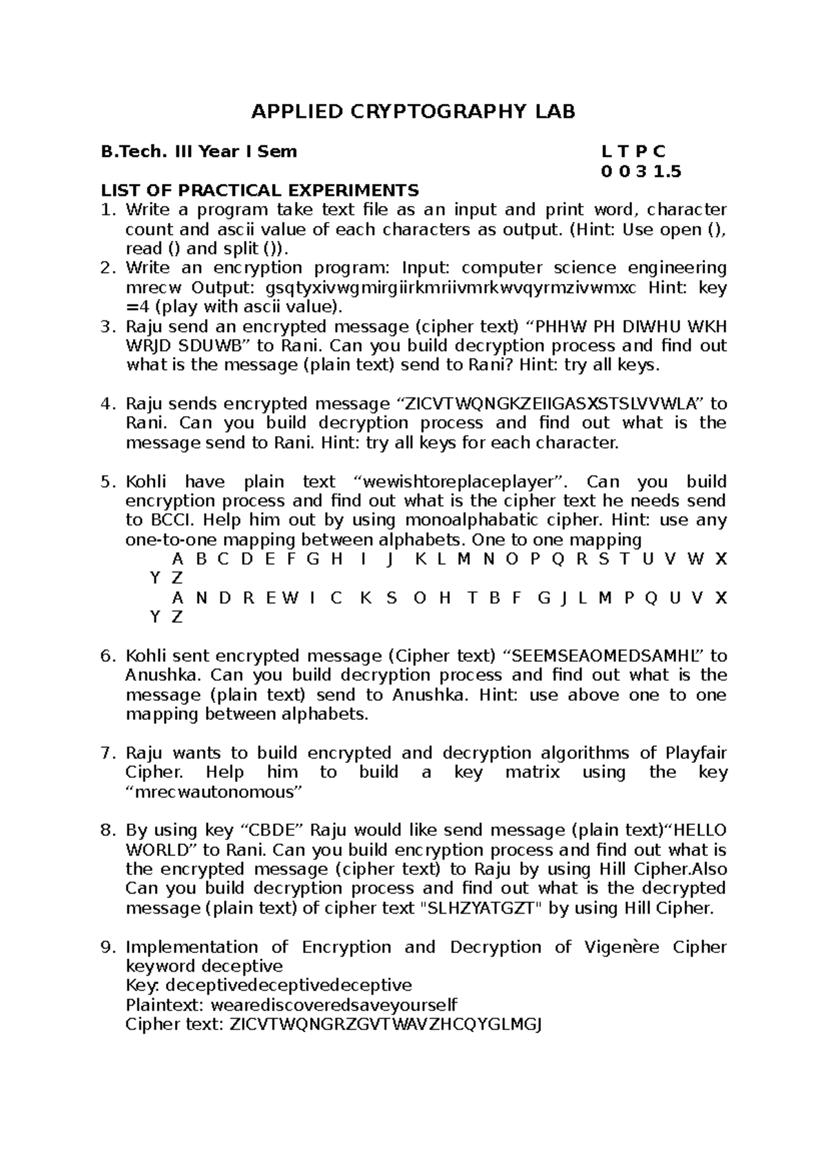 Applied Cryptography LAB - APPLIED CRYPTOGRAPHY LAB B. III Year I Sem L