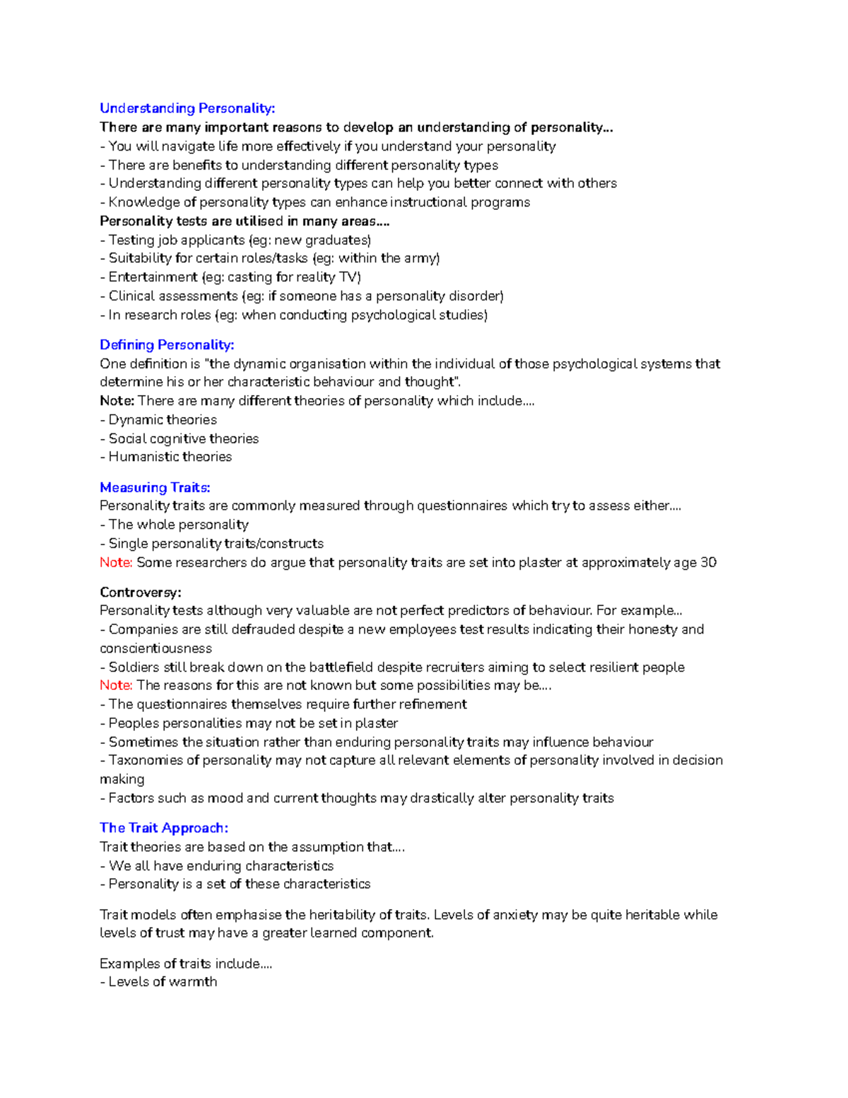 Week 8 Personality - Week 8 tutorial notes - Understanding Personality ...