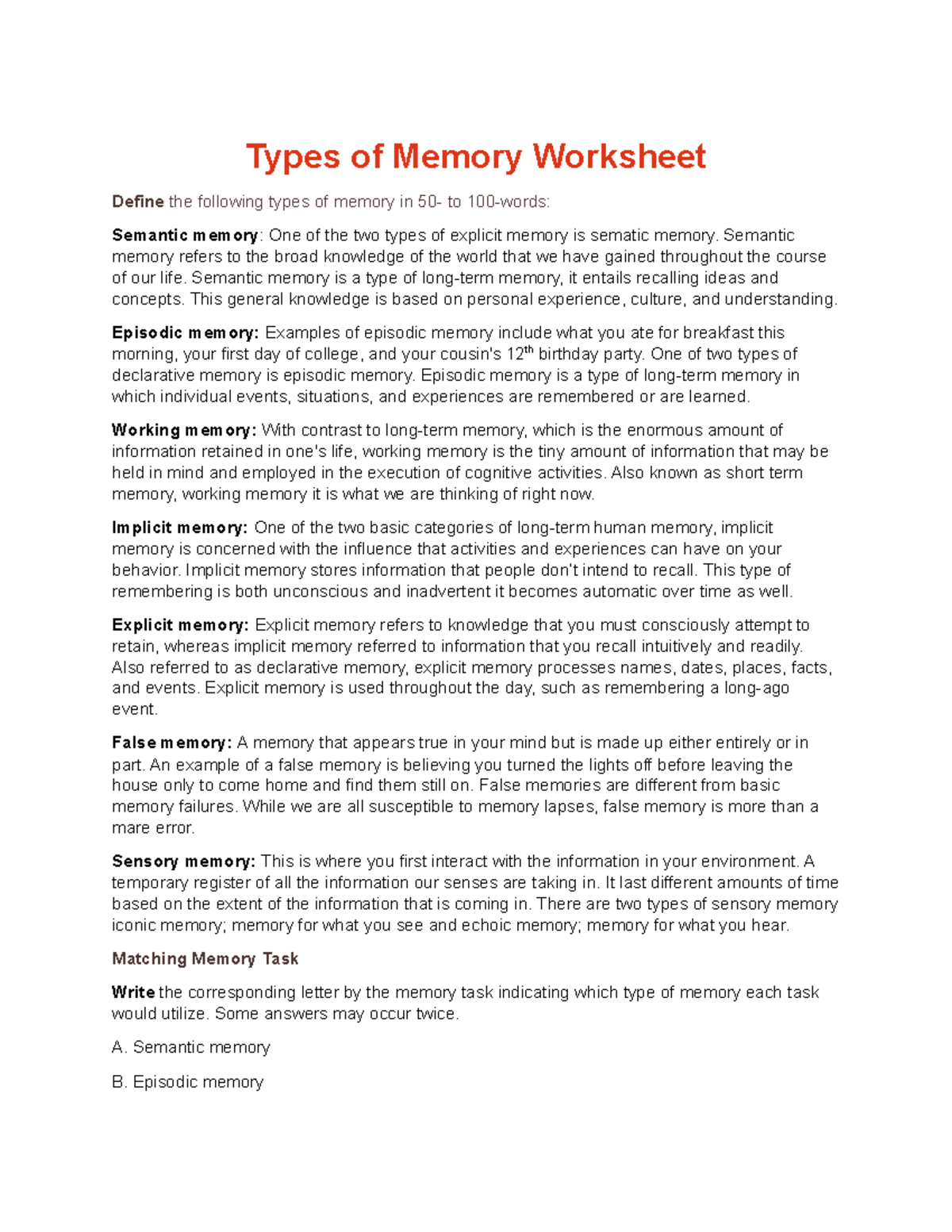 Week 4 Learning and Cognition PSY 390 - Types of Memory Worksheet Define  the following types of - Studocu